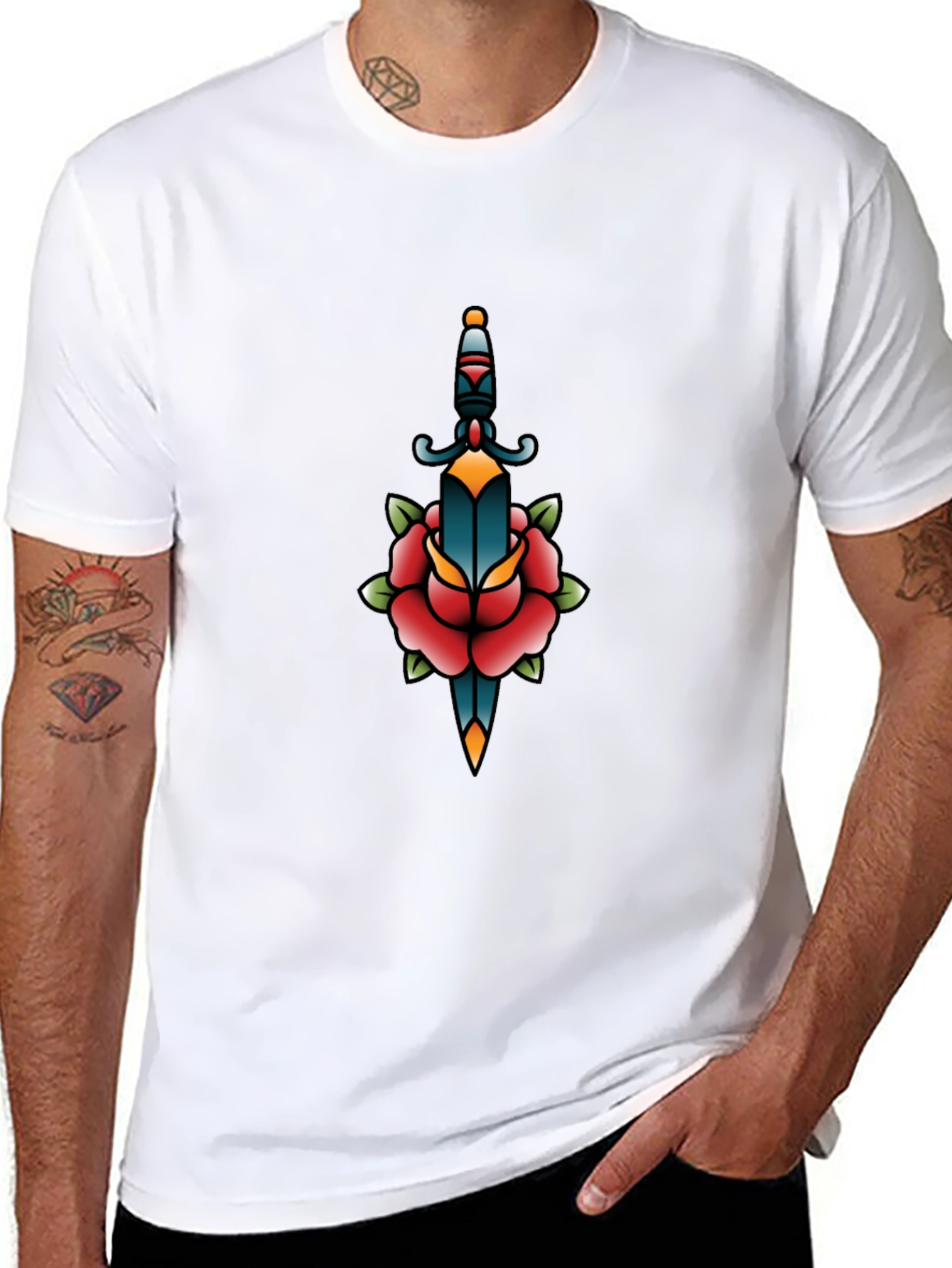 Black Graphic Tee - Dagger & Rose Tattoo Design