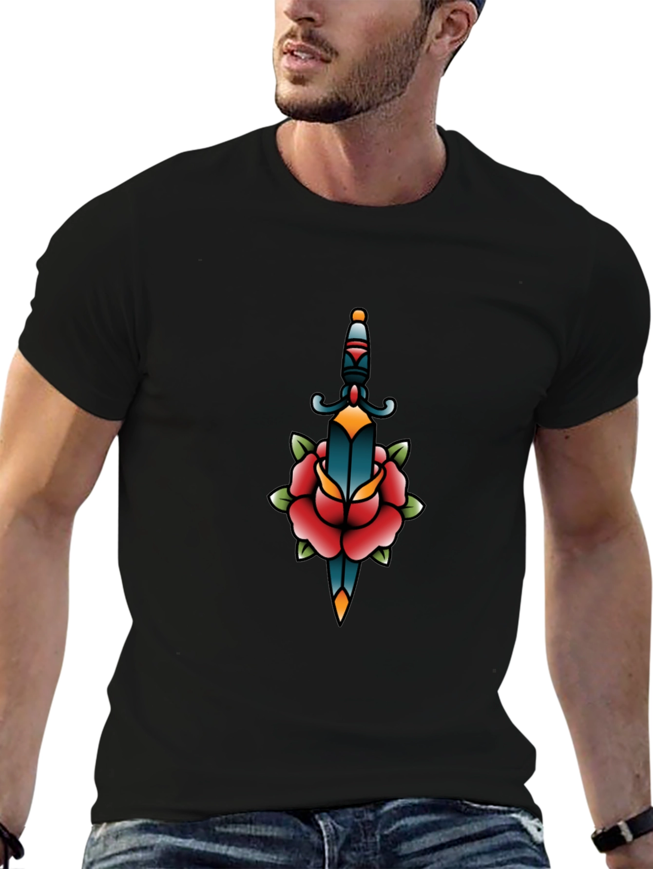Black Graphic Tee - Dagger & Rose Tattoo Design