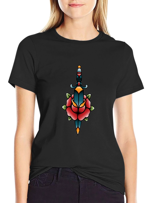 Black Graphic Tee - Dagger & Rose Tattoo Design