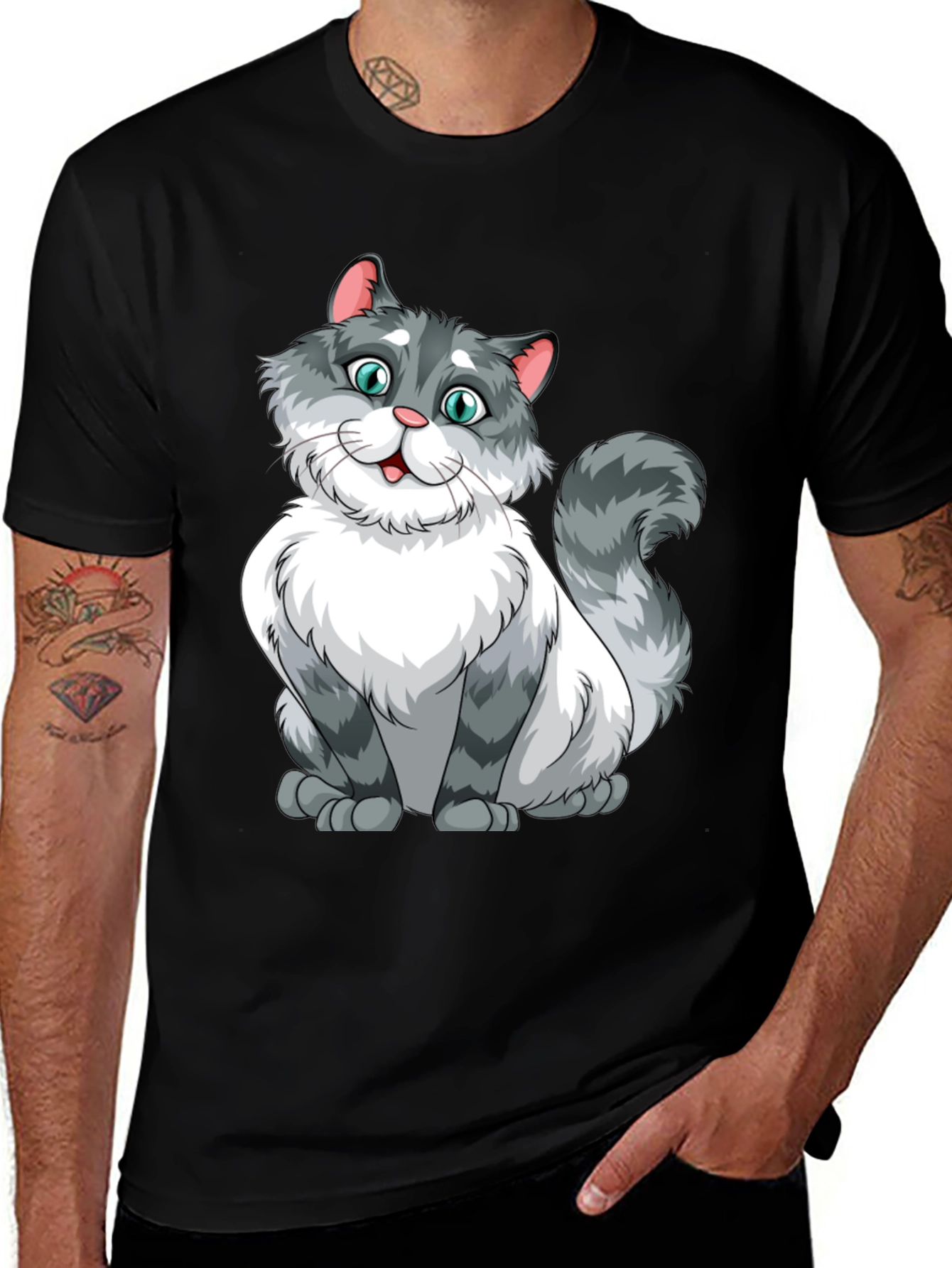 Cartoon Cat Graphic Black T-Shirt