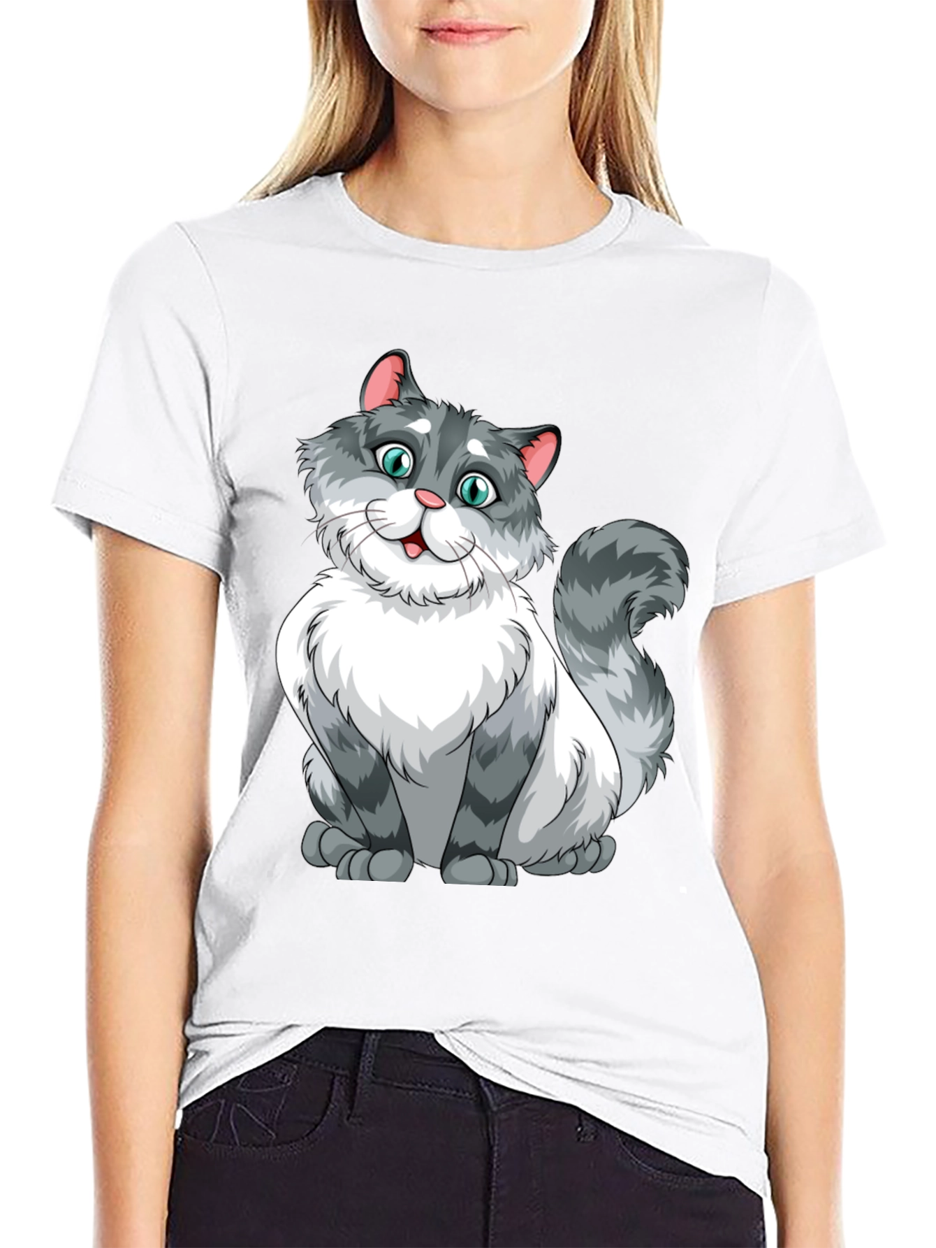 Cartoon Cat Graphic Black T-Shirt
