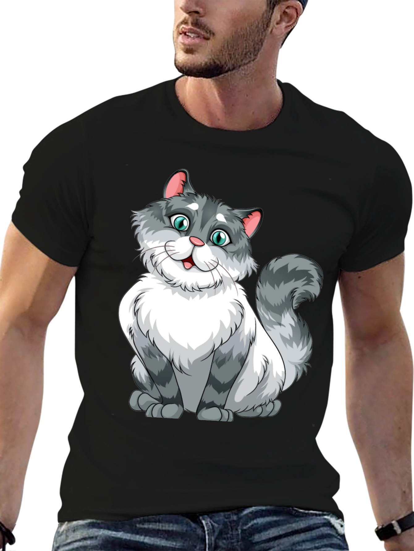Cartoon Cat Graphic Black T-Shirt