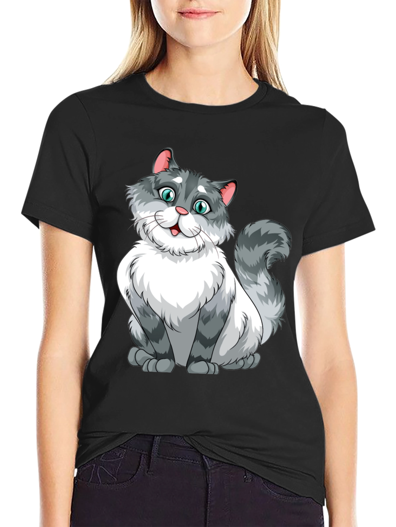 Cartoon Cat Graphic Black T-Shirt