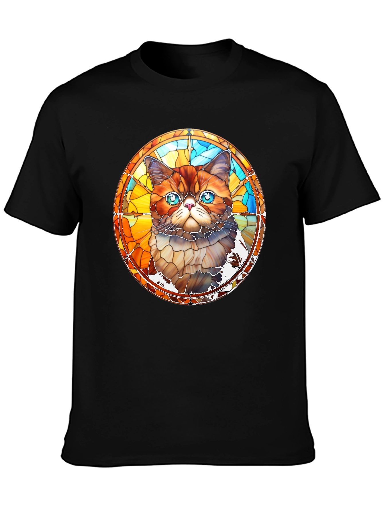 Stained Glass Cat Graphic Black T-Shirt