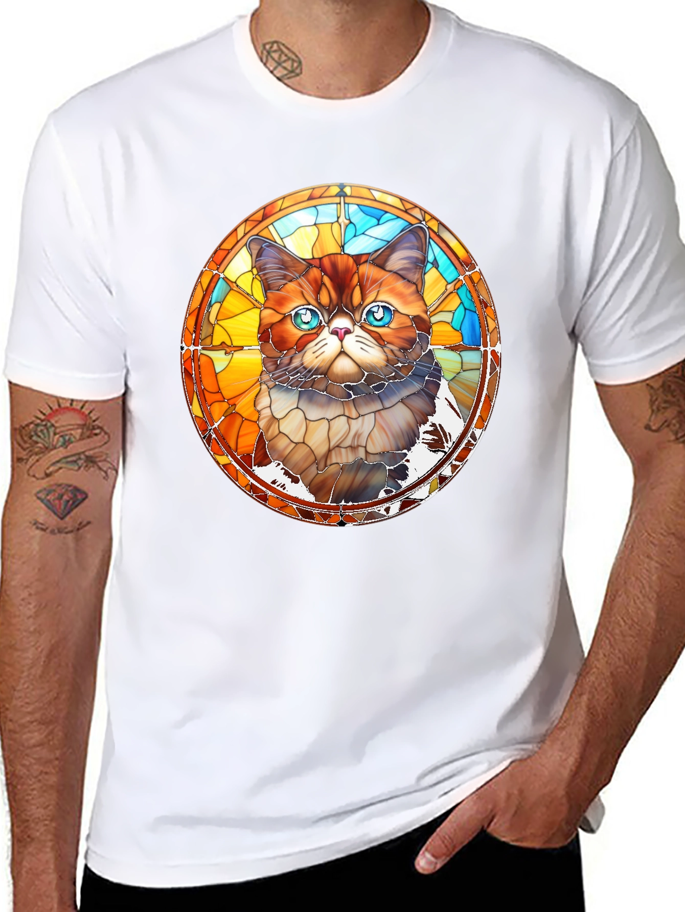 Stained Glass Cat Graphic Black T-Shirt