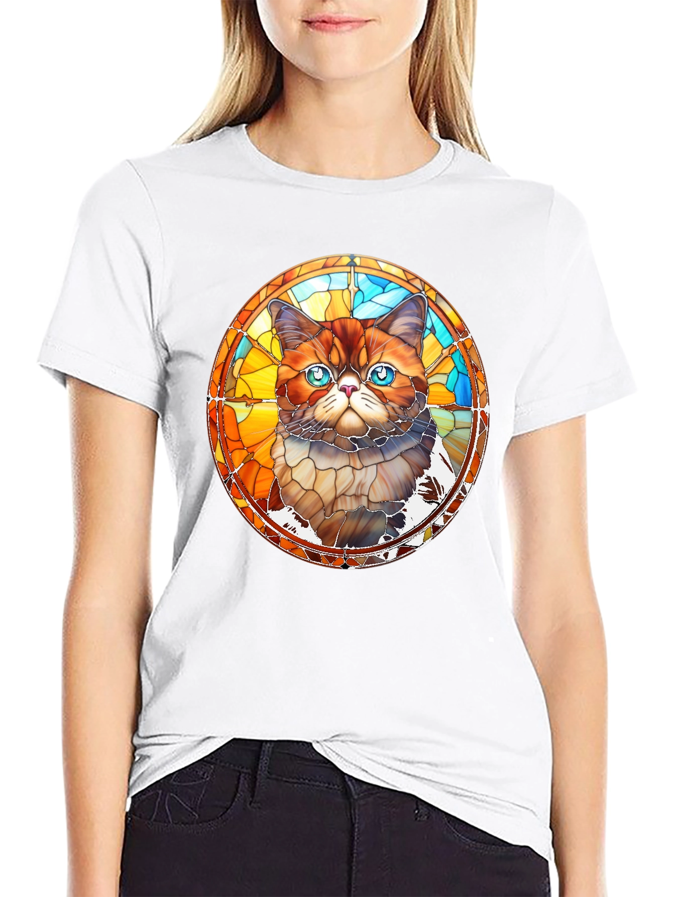Stained Glass Cat Graphic Black T-Shirt