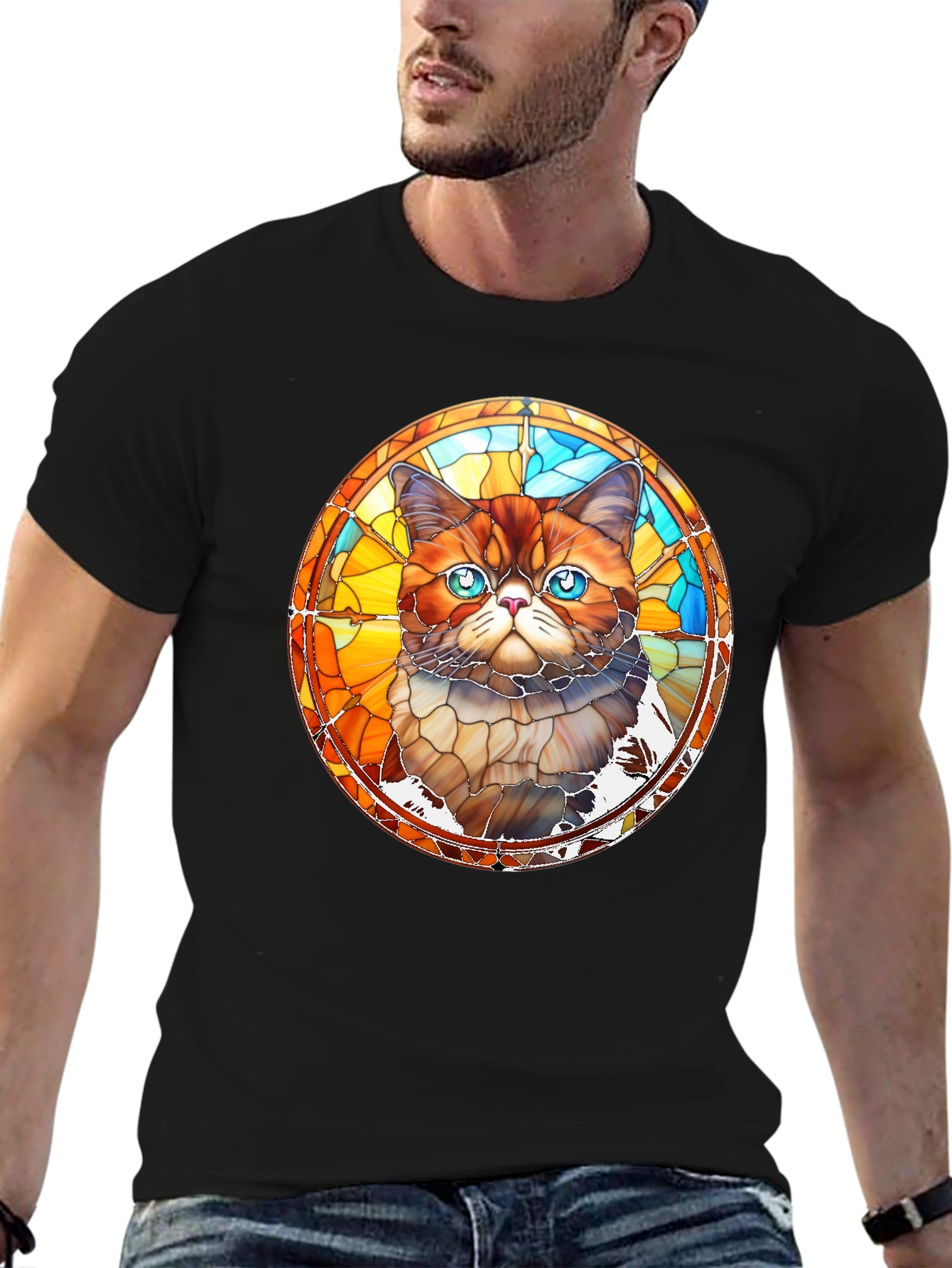 Stained Glass Cat Graphic Black T-Shirt