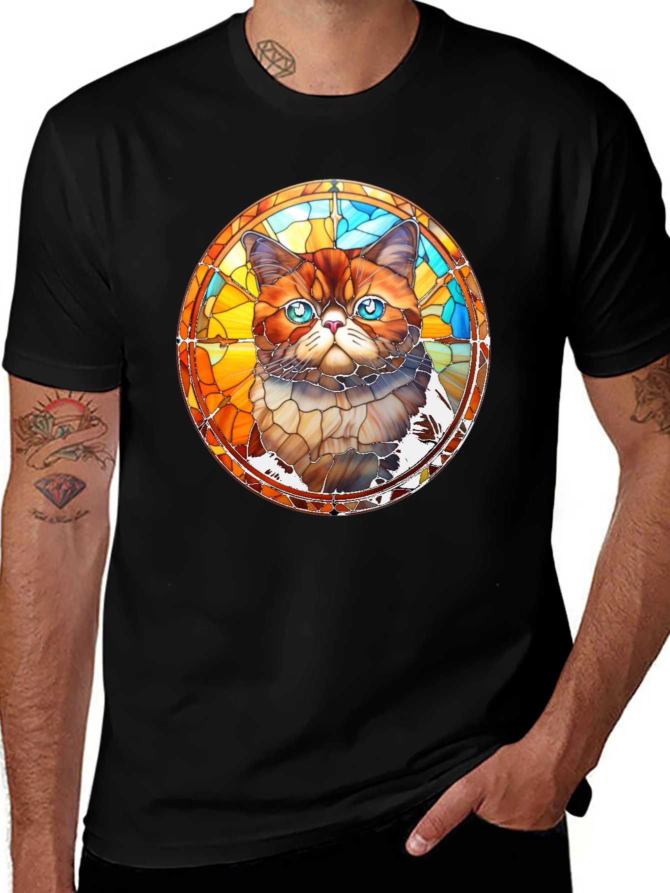 Stained Glass Cat Graphic Black T-Shirt