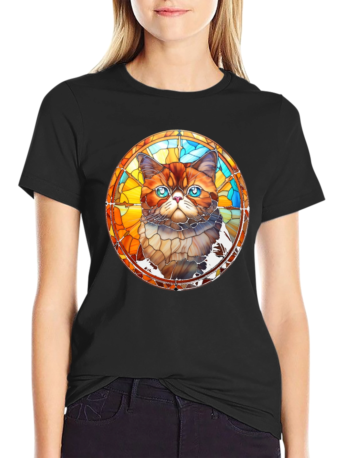 Stained Glass Cat Graphic Black T-Shirt