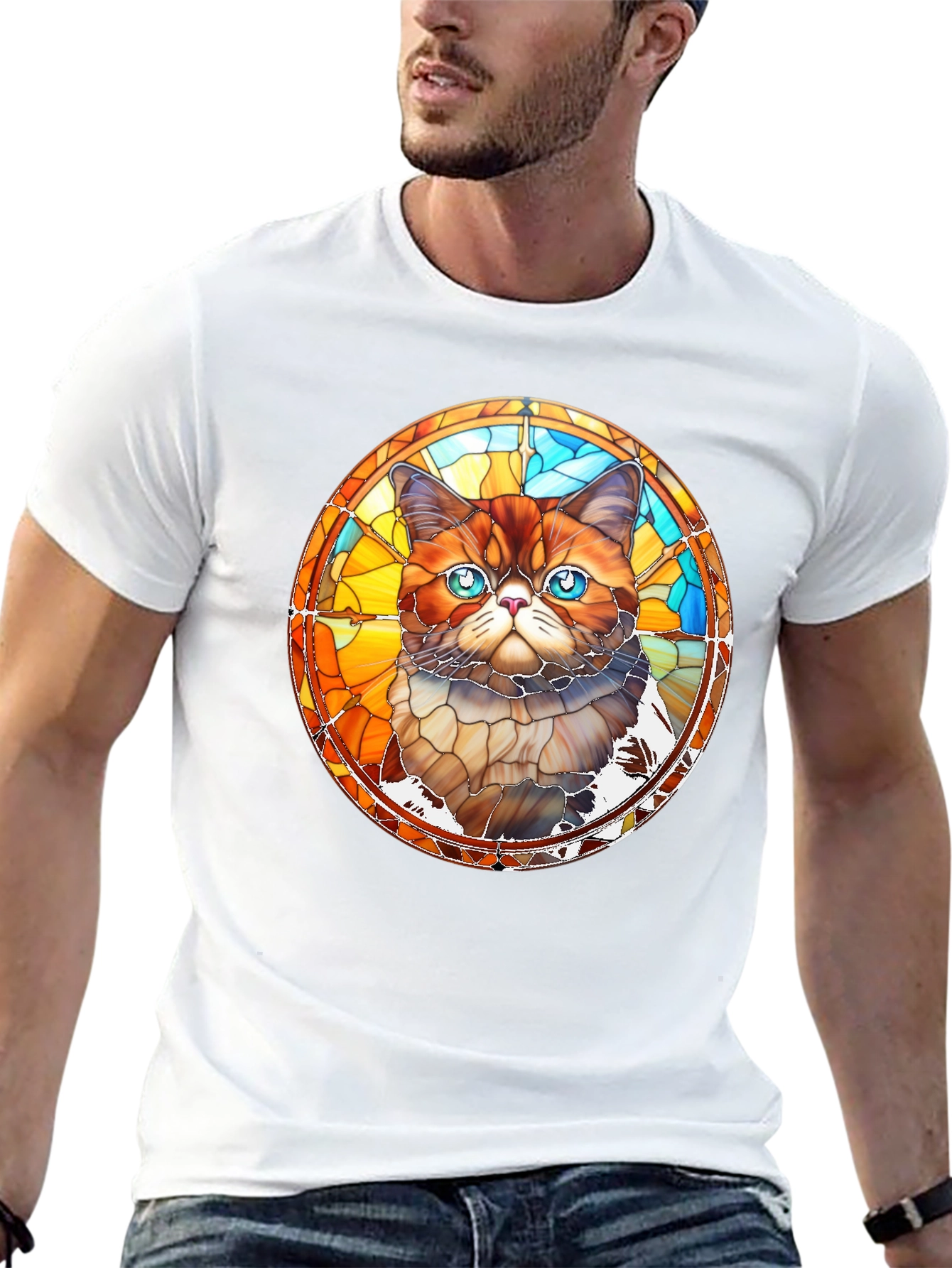 Stained Glass Cat Graphic Black T-Shirt