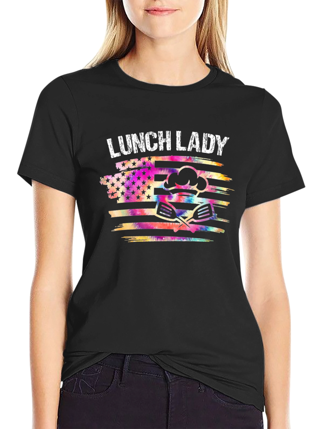 Lunch Lady Tie Dye American Flag Graphic T-Shirt