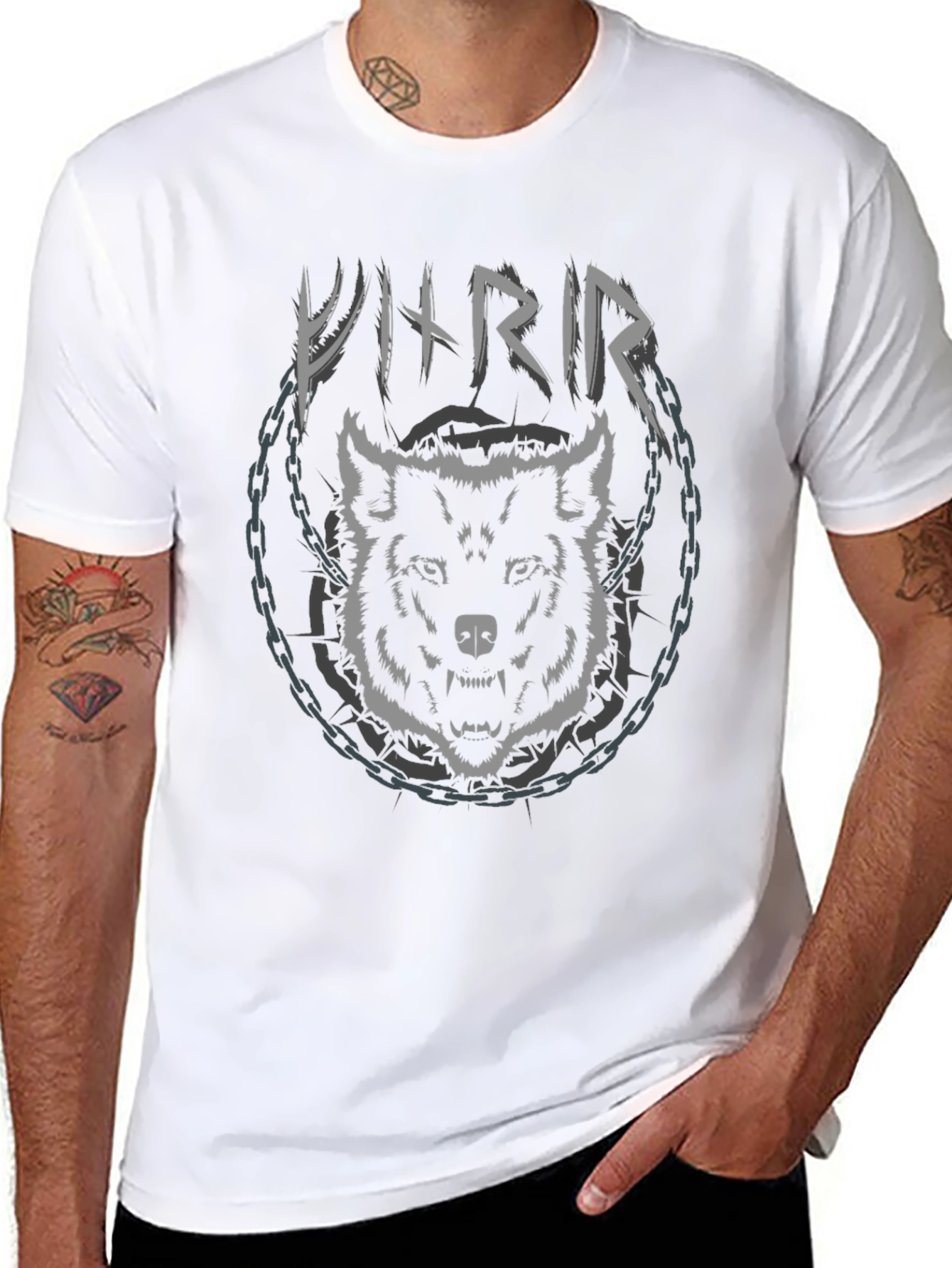 Viking Wolf Chain Graphic Black T-Shirt