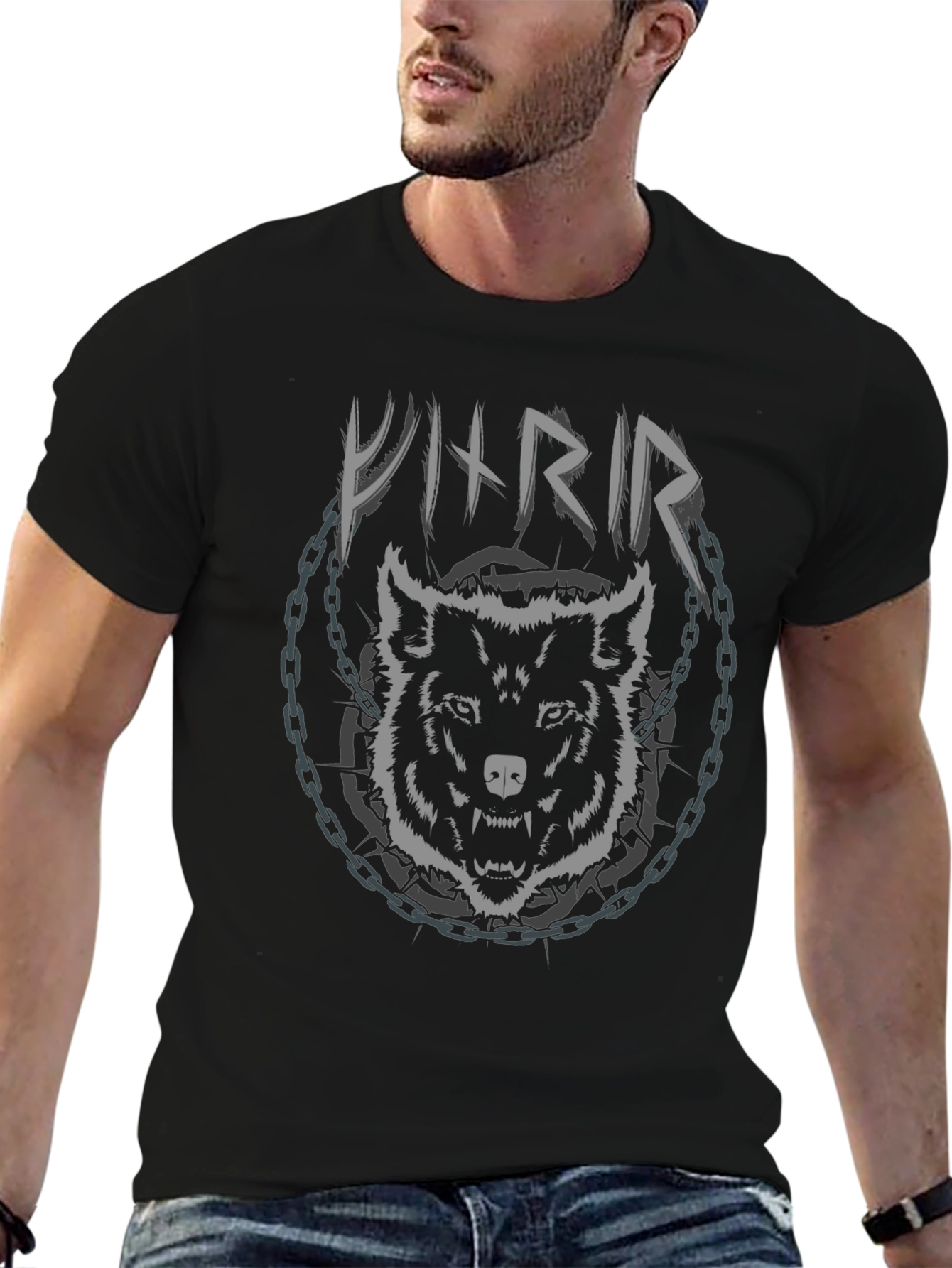 Viking Wolf Chain Graphic Black T-Shirt