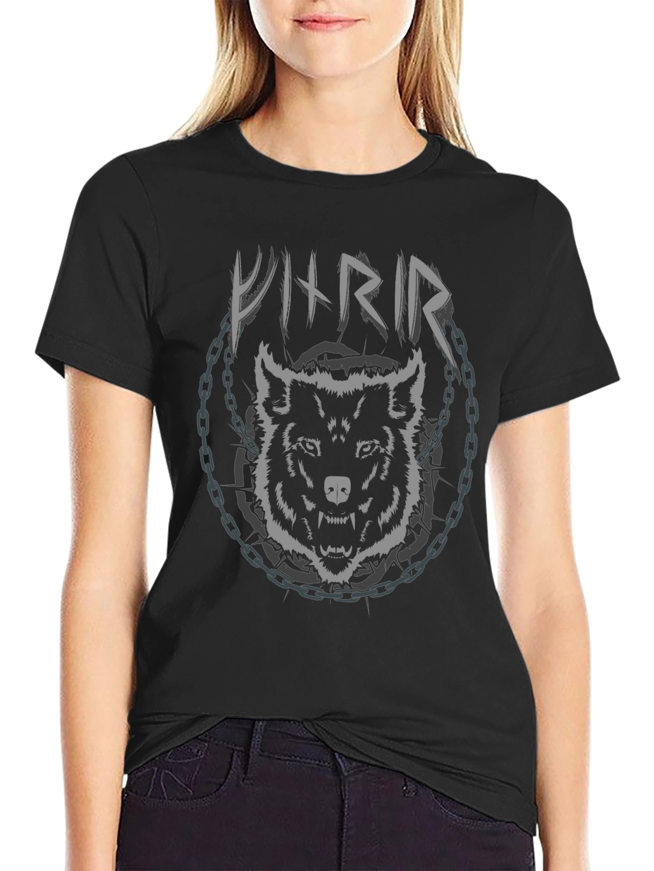 Viking Wolf Chain Graphic Black T-Shirt