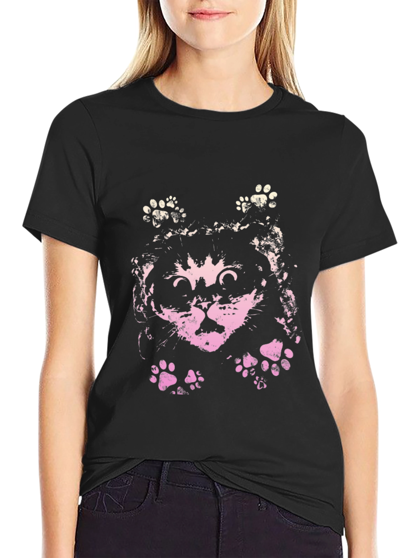 Cute Cat Graphic Print Black T-Shirt