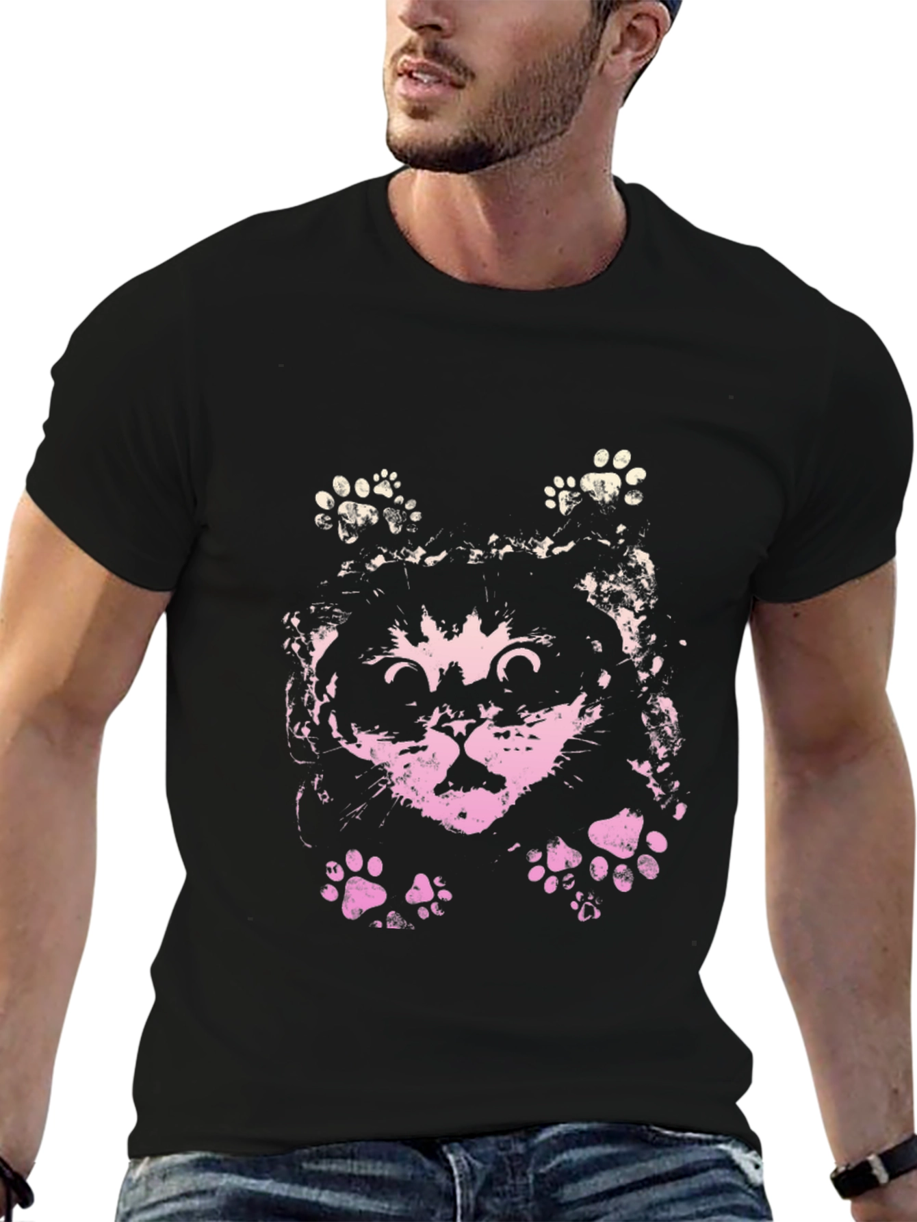 Cute Cat Graphic Print Black T-Shirt