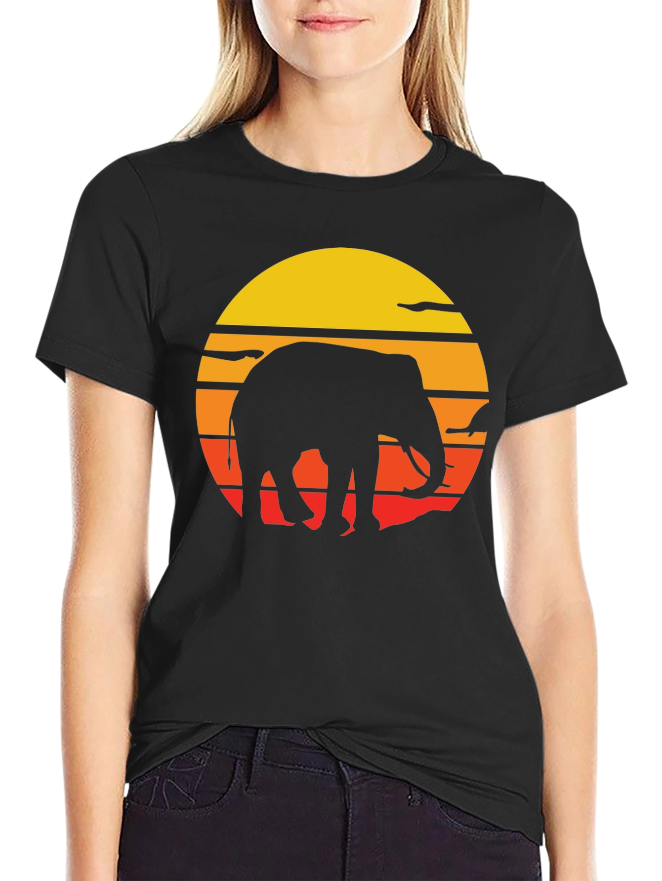 Elephant Sunset Graphic Tee - Black Cotton T-Shirt