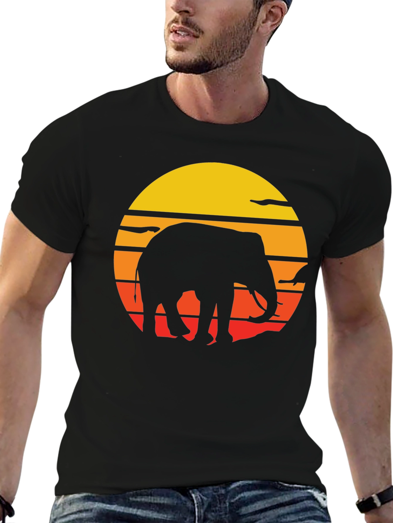 Elephant Sunset Graphic Tee - Black Cotton T-Shirt