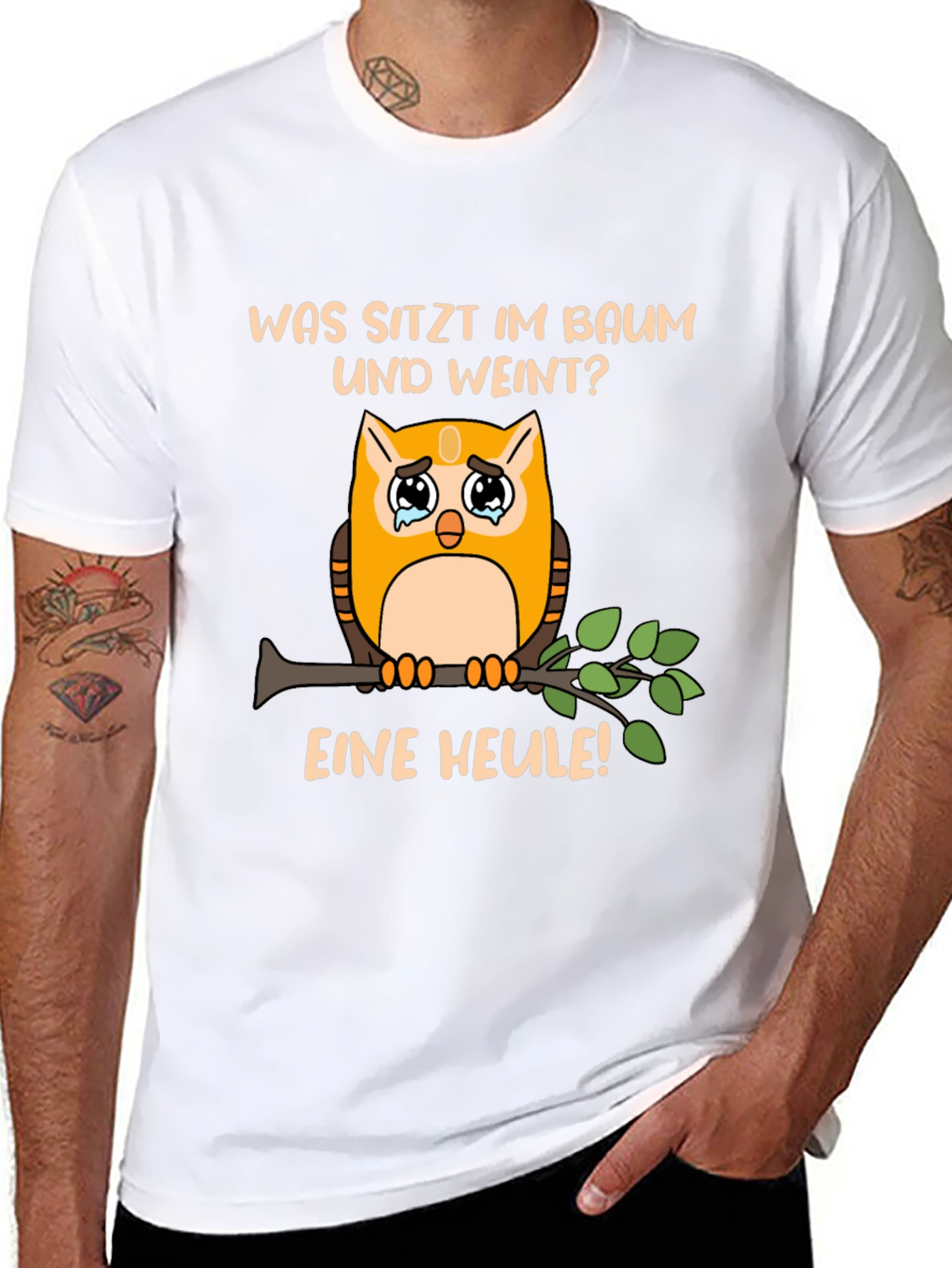 Funny Owl Pun T-Shirt: What Sits and Cries?