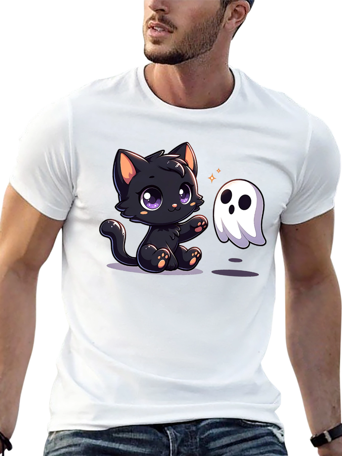 Cute Cat & Ghost Halloween T-Shirt
