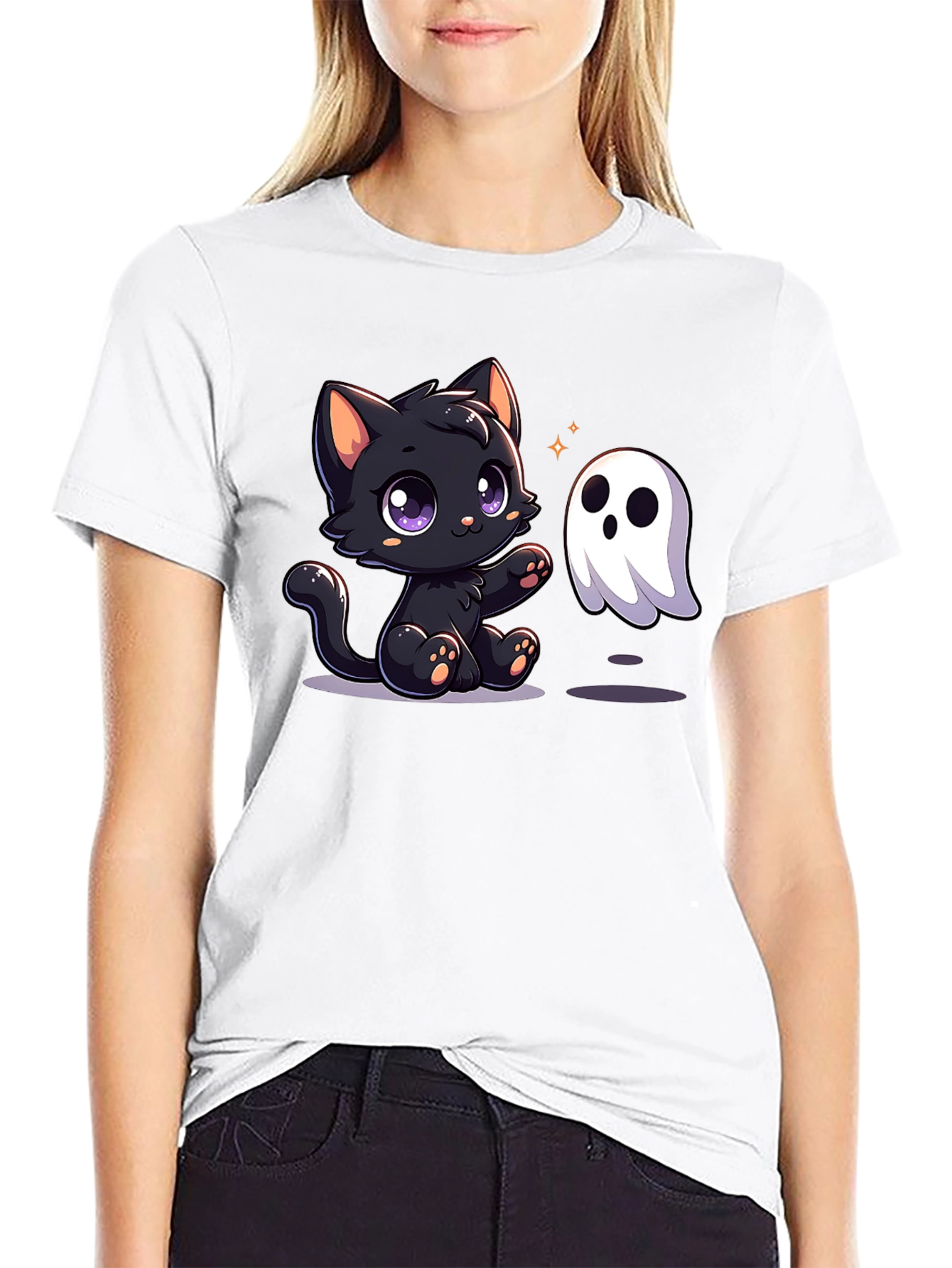 Cute Cat & Ghost Halloween T-Shirt