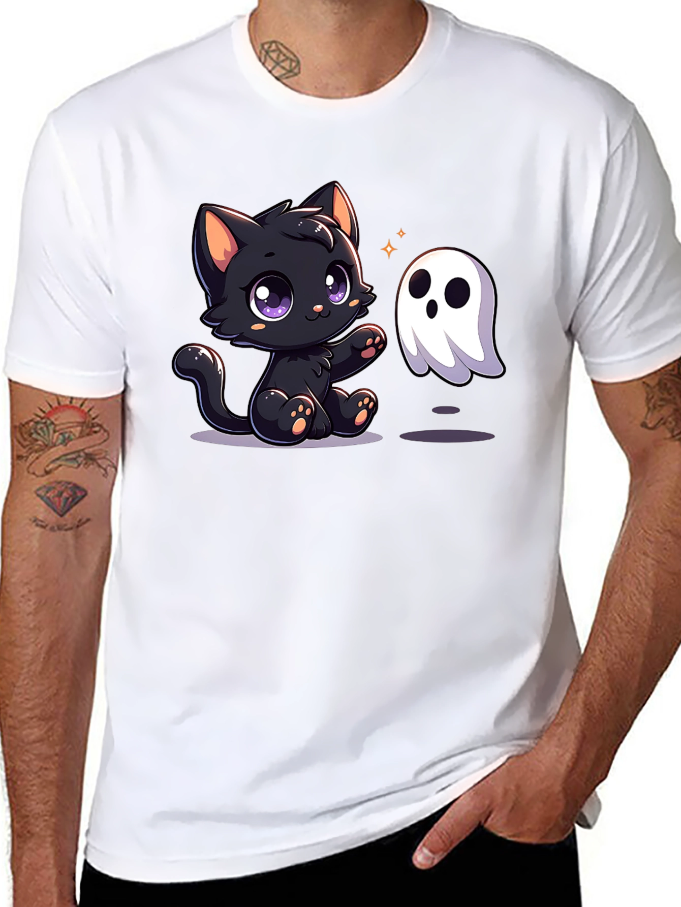 Cute Cat & Ghost Halloween T-Shirt
