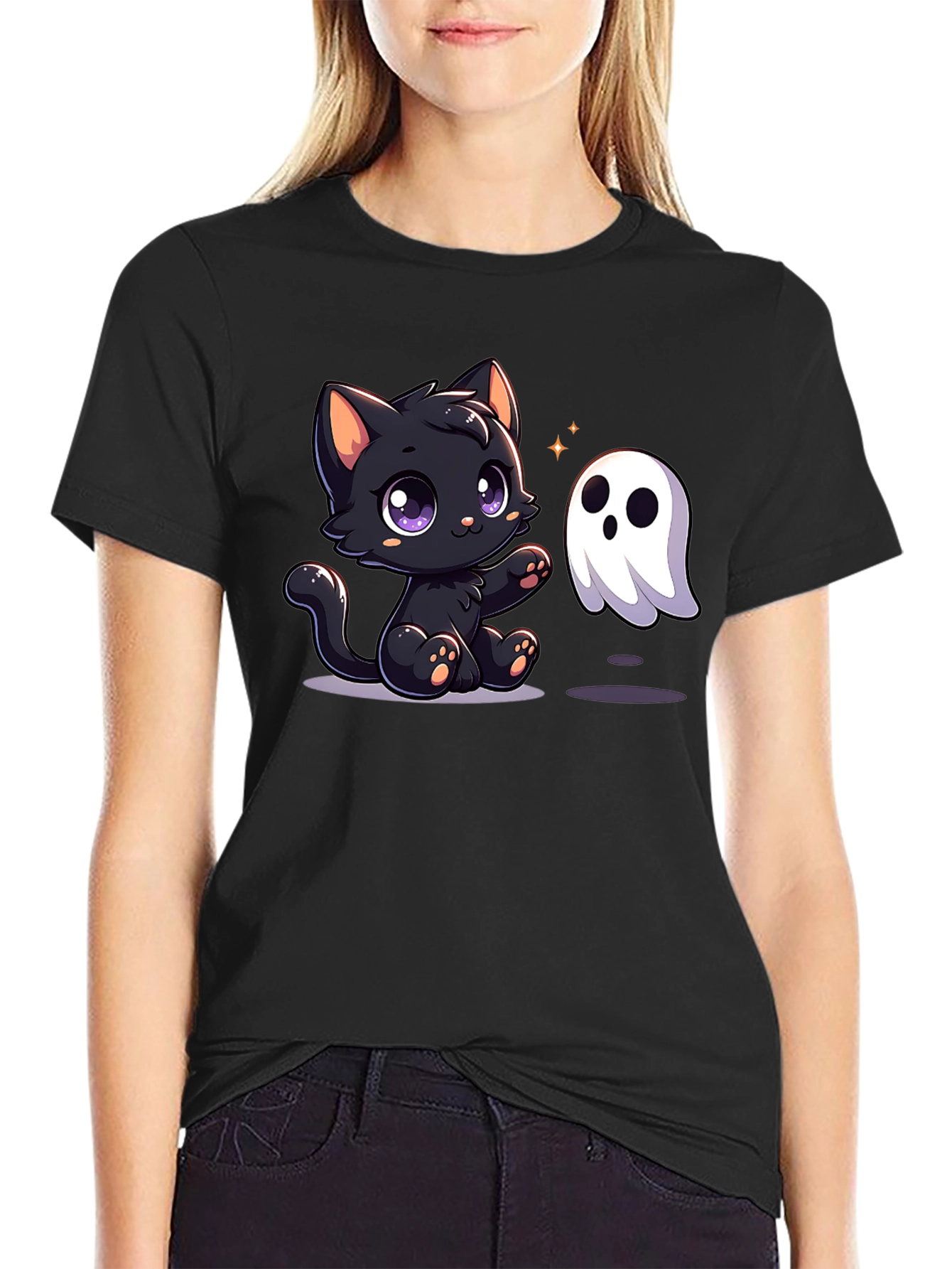 Cute Cat & Ghost Halloween T-Shirt