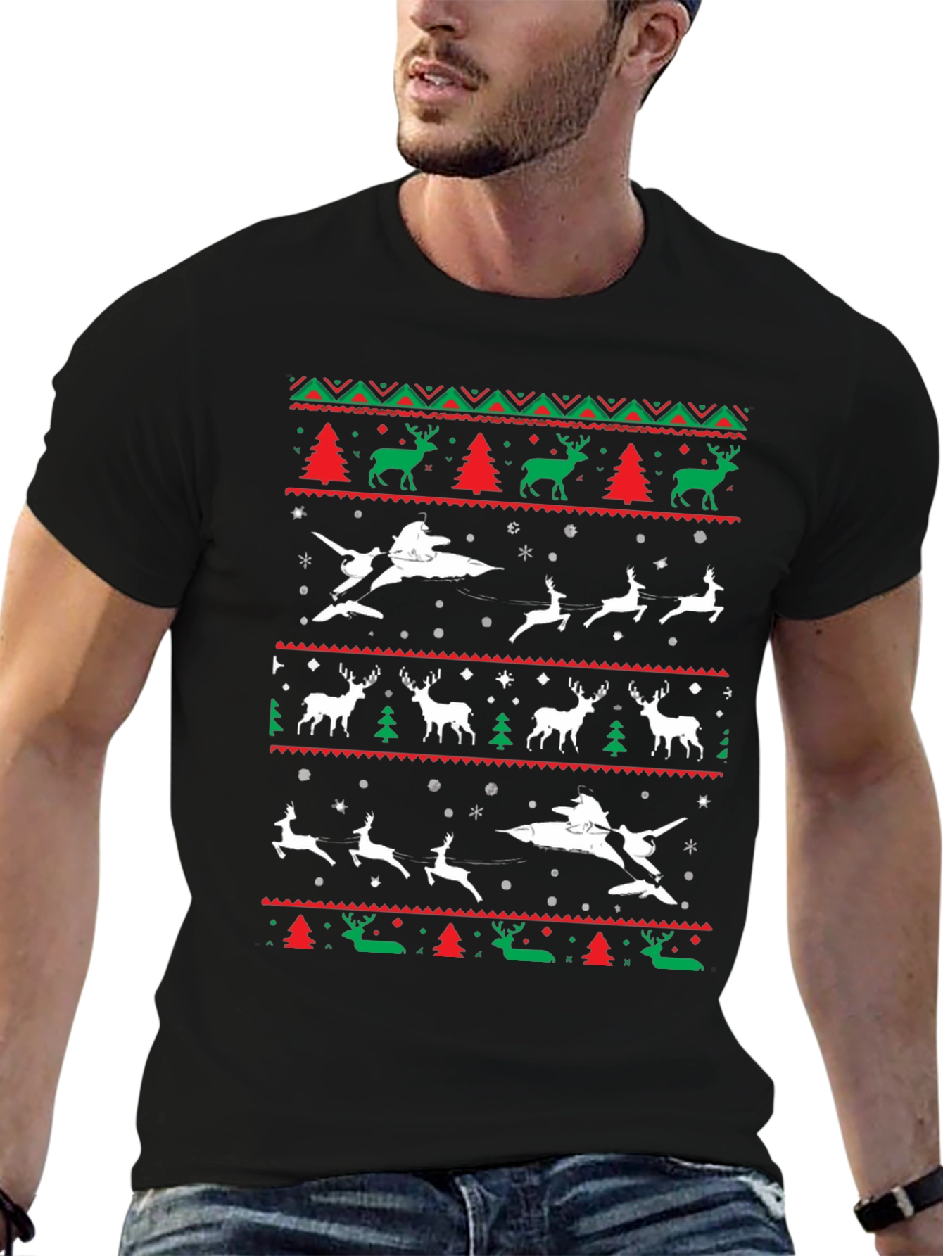 Festive Christmas T-Shirt - Reindeer & Sleigh Design