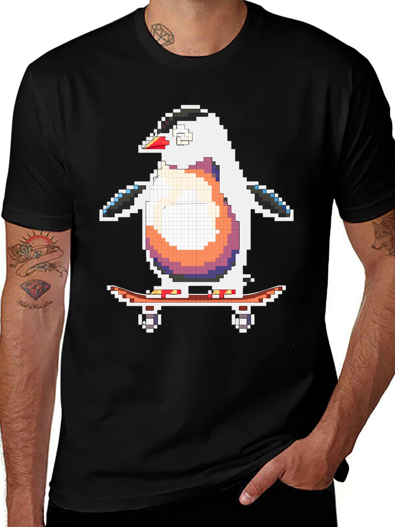 Pixel Penguin Skateboarder Black T-Shirt