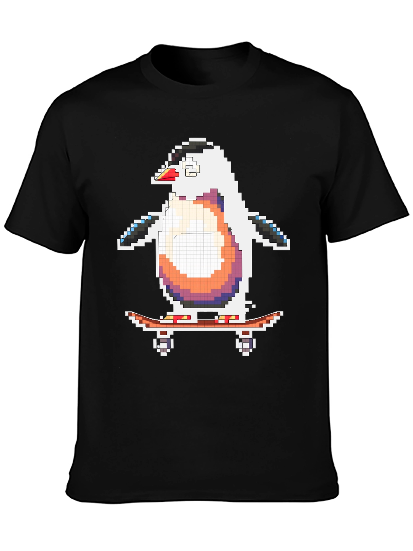 Pixel Penguin Skateboarder Black T-Shirt