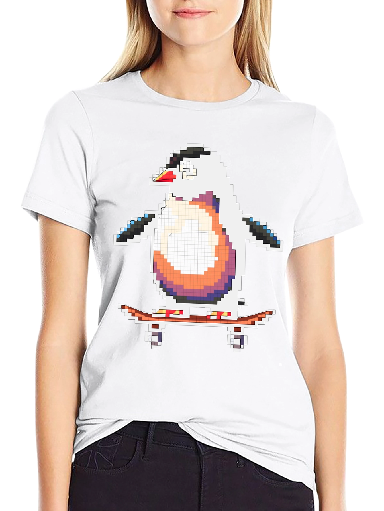 Pixel Penguin Skateboarder Black T-Shirt