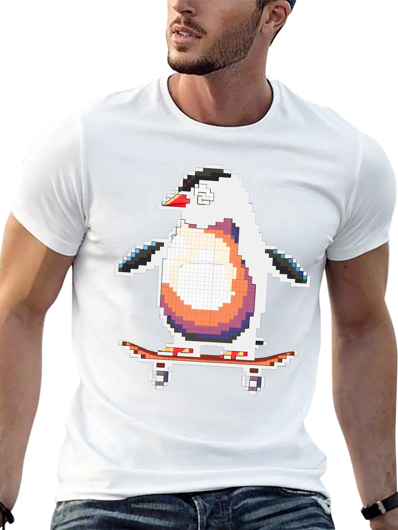 Pixel Penguin Skateboarder Black T-Shirt