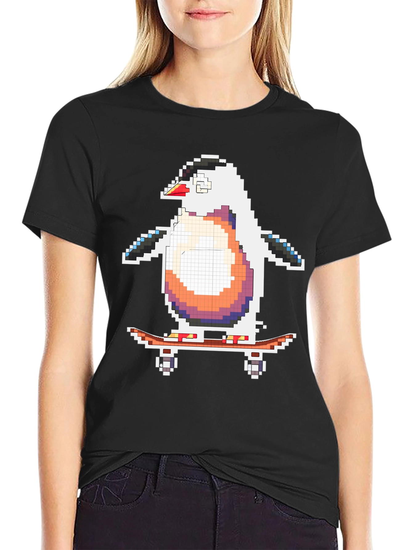 Pixel Penguin Skateboarder Black T-Shirt
