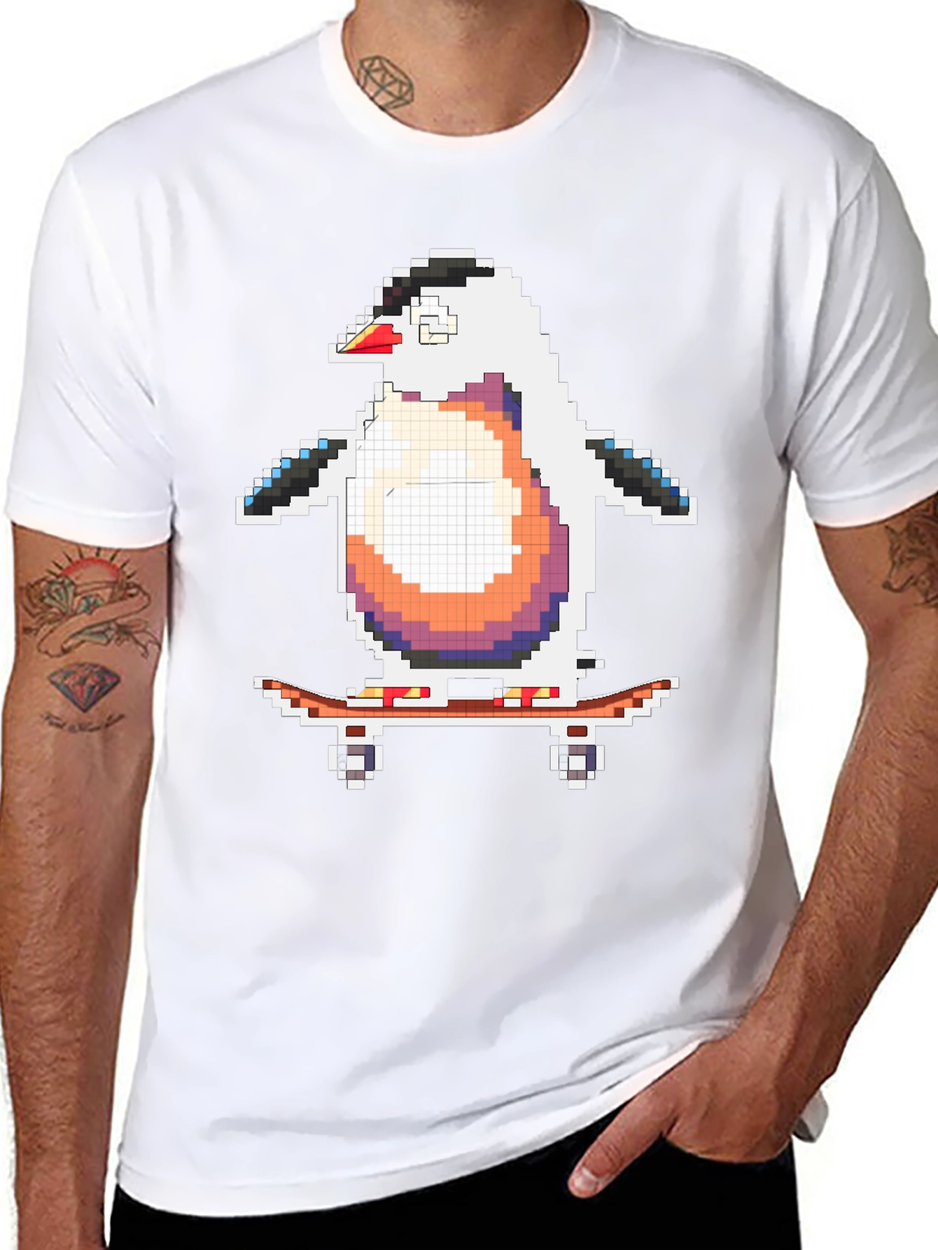 Pixel Penguin Skateboarder Black T-Shirt