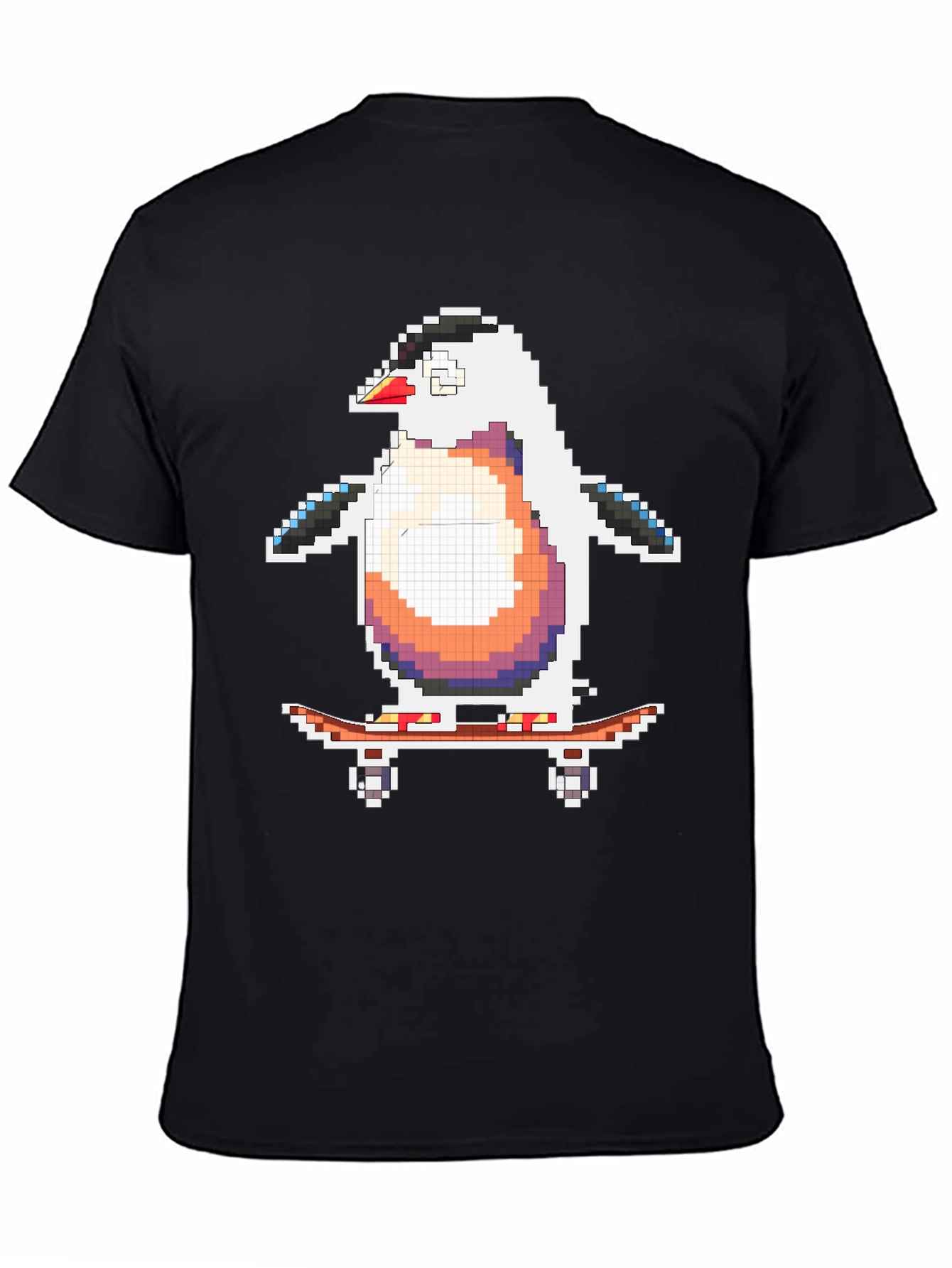 Pixel Penguin Skateboarder Black T-Shirt