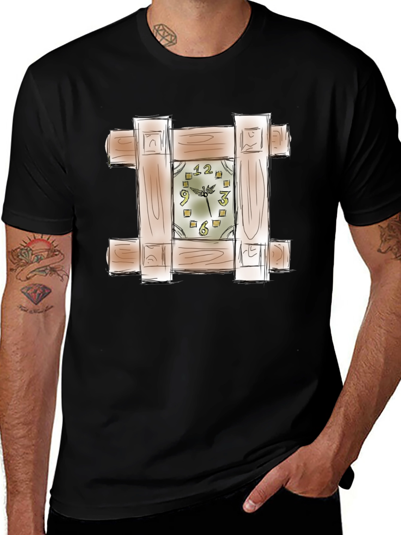 Unique Wooden Clock Design Black T-Shirt