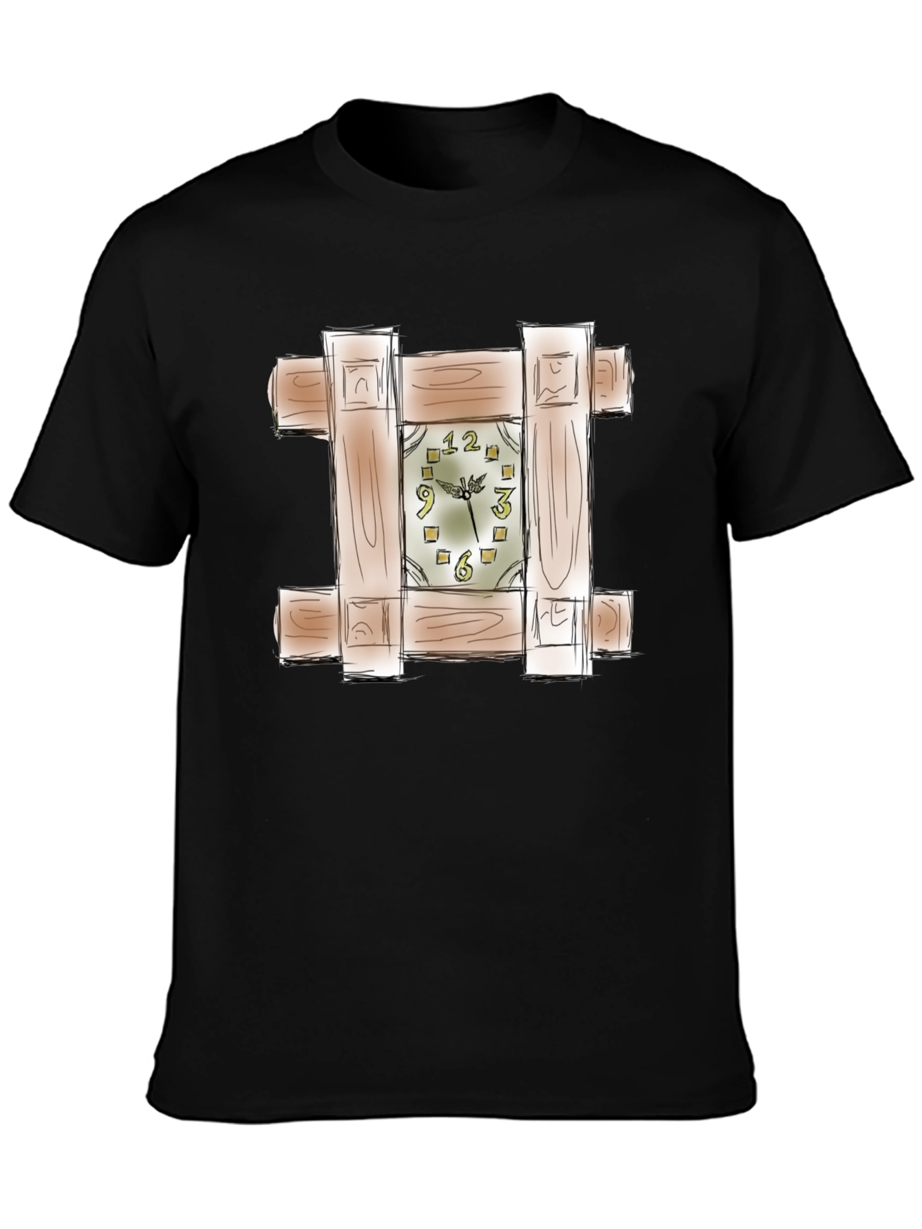 Unique Wooden Clock Design Black T-Shirt