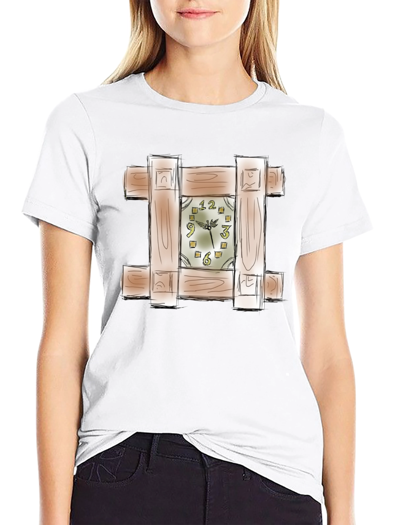 Unique Wooden Clock Design Black T-Shirt
