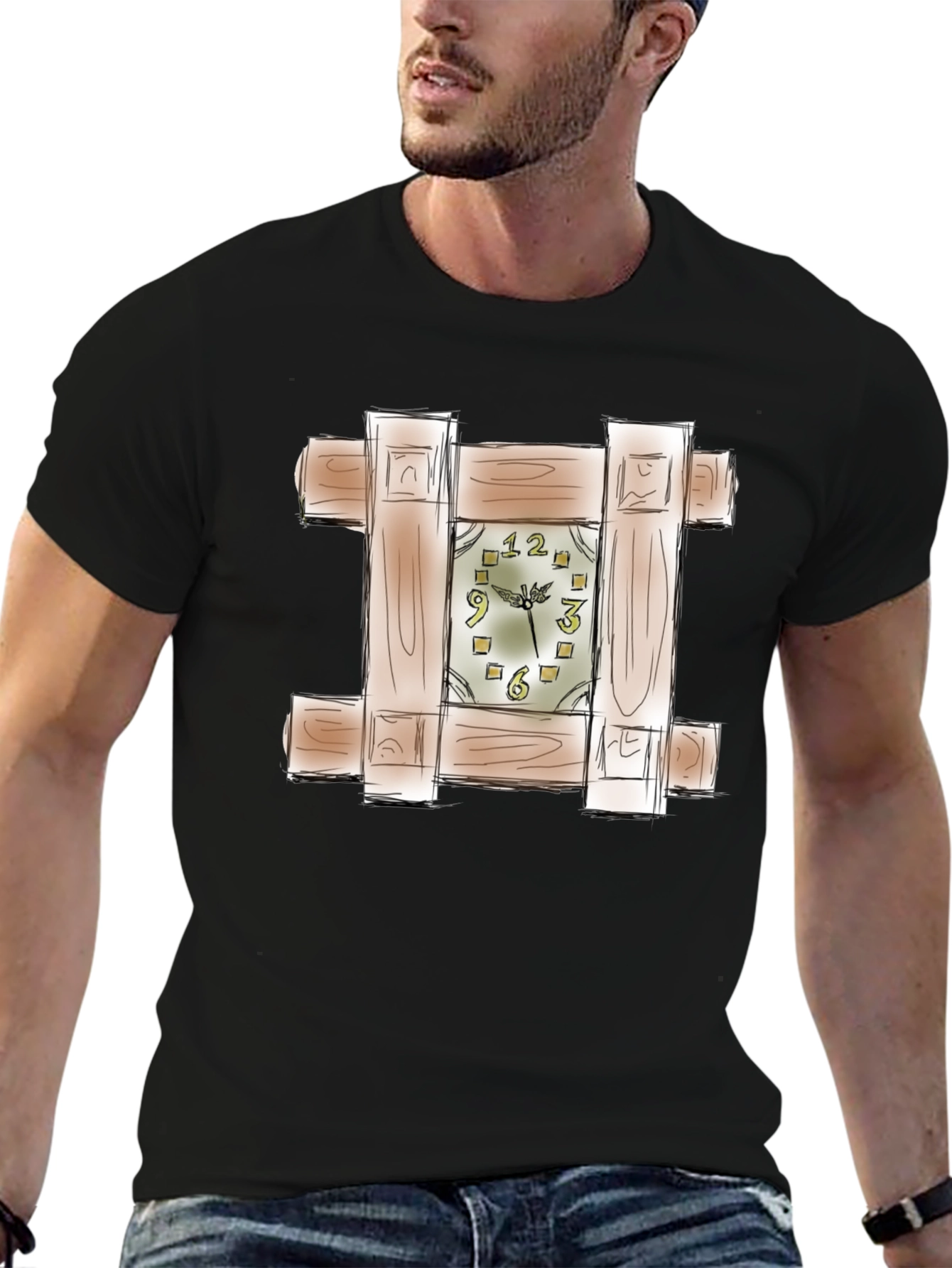Unique Wooden Clock Design Black T-Shirt