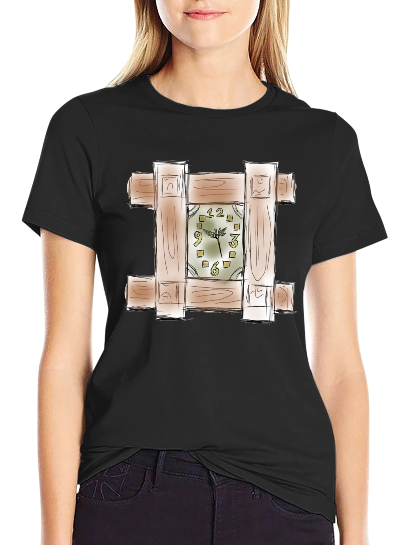 Unique Wooden Clock Design Black T-Shirt