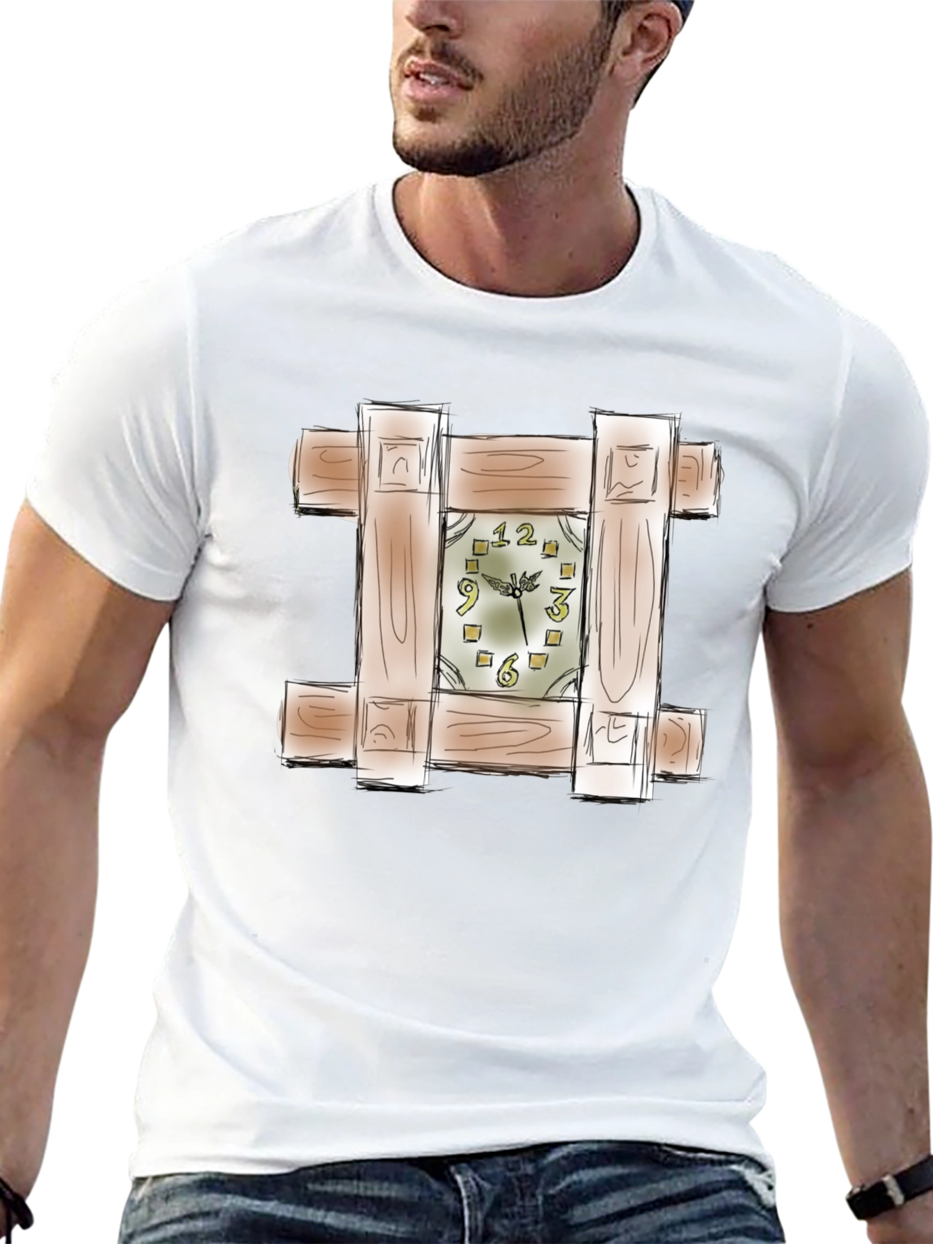 Unique Wooden Clock Design Black T-Shirt