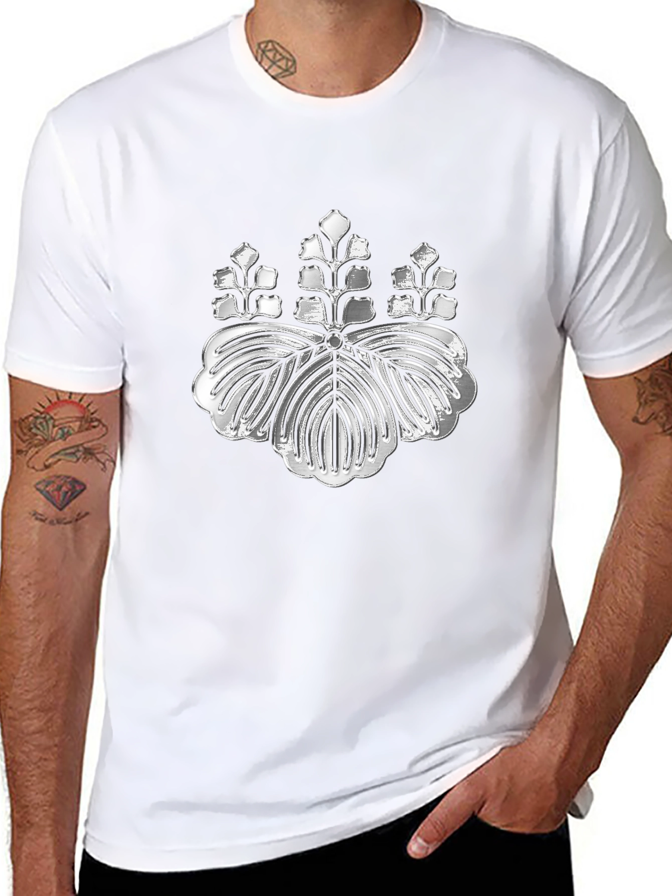 Silver Japanese Kamon Crest Black T-Shirt