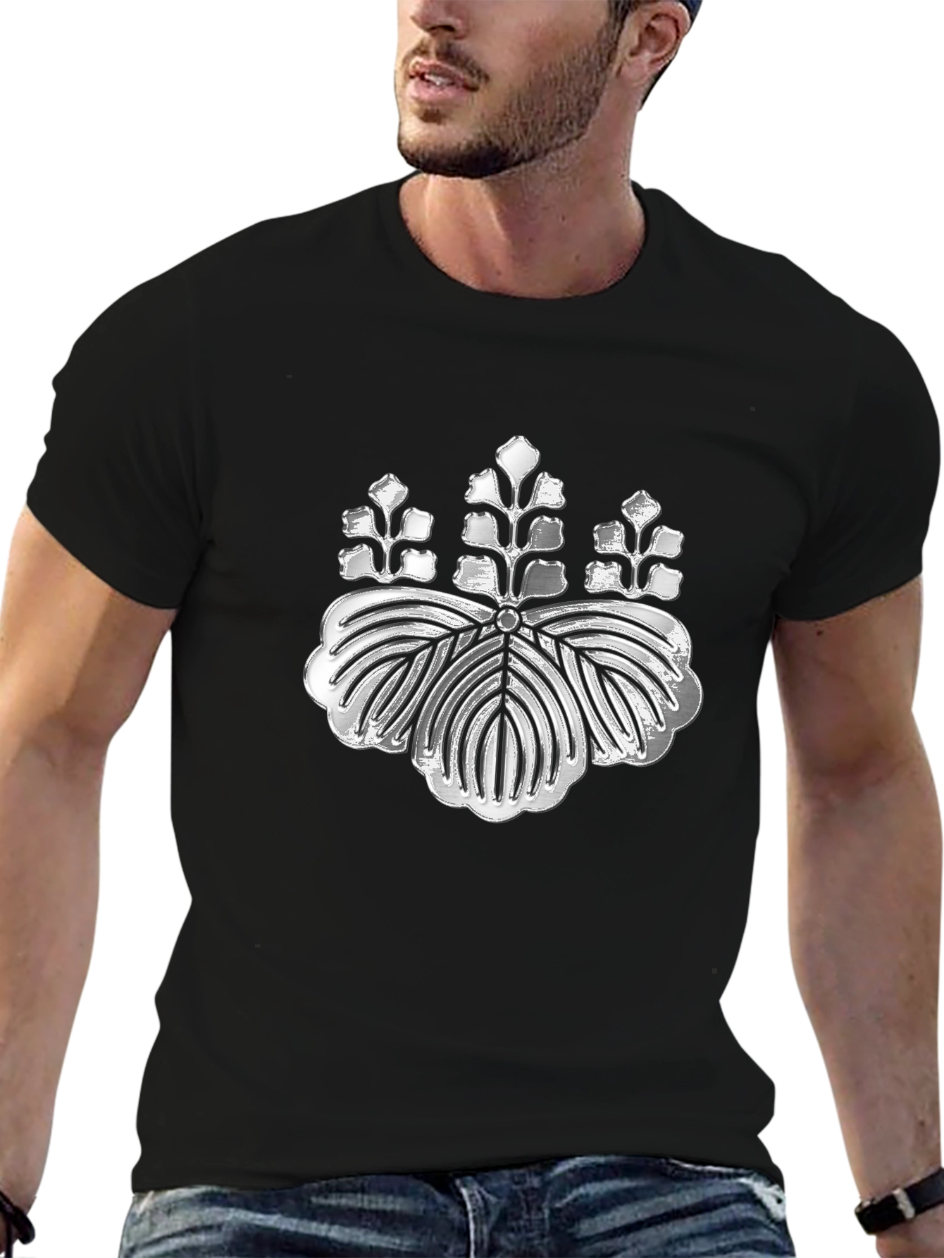 Silver Japanese Kamon Crest Black T-Shirt