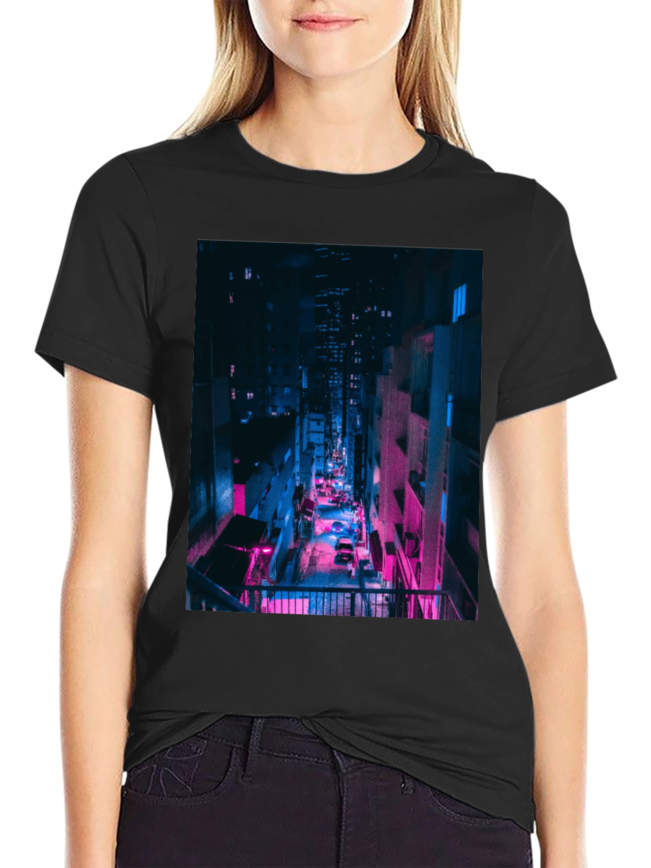Cyberpunk Cityscape Black T-Shirt