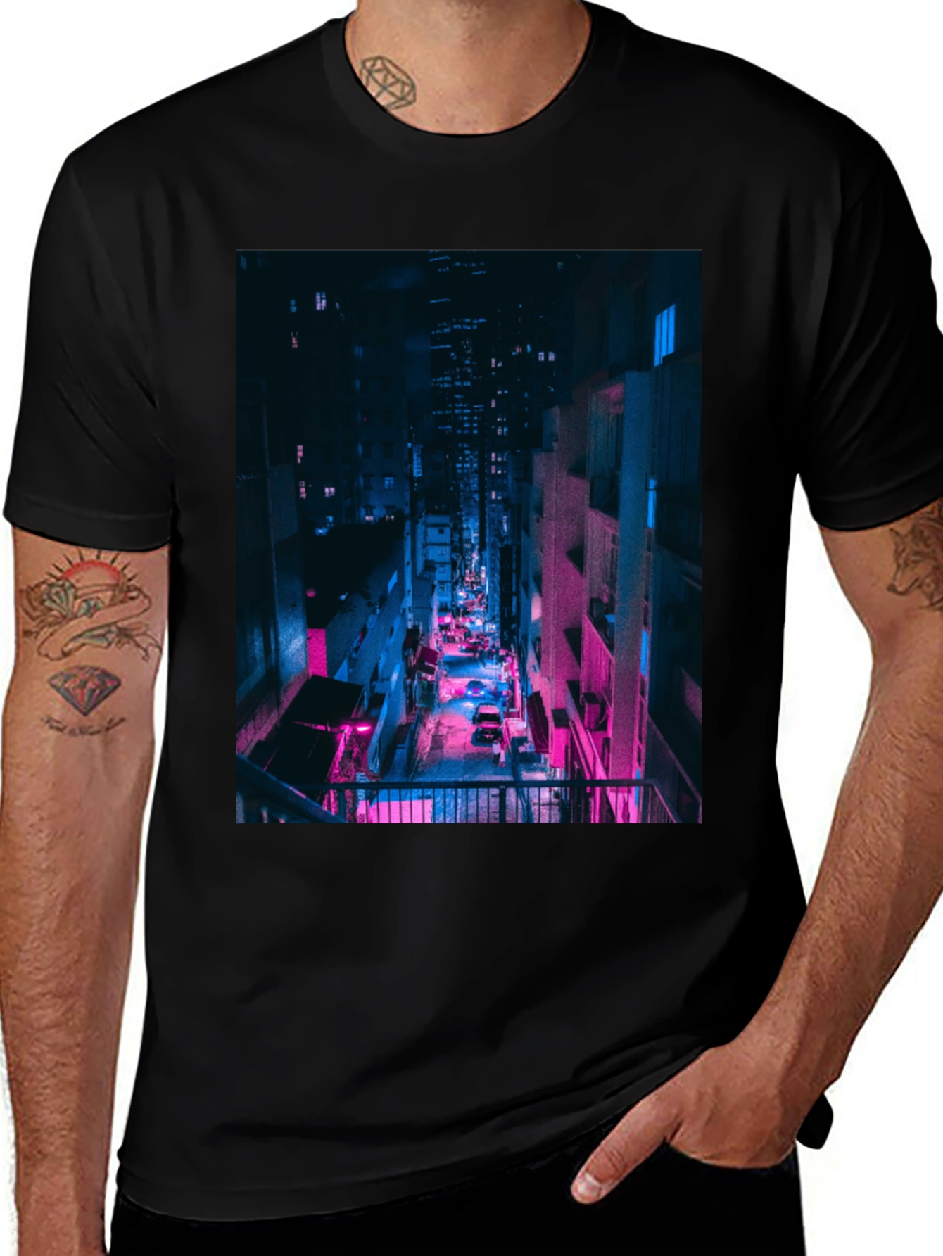 Cyberpunk Cityscape Black T-Shirt
