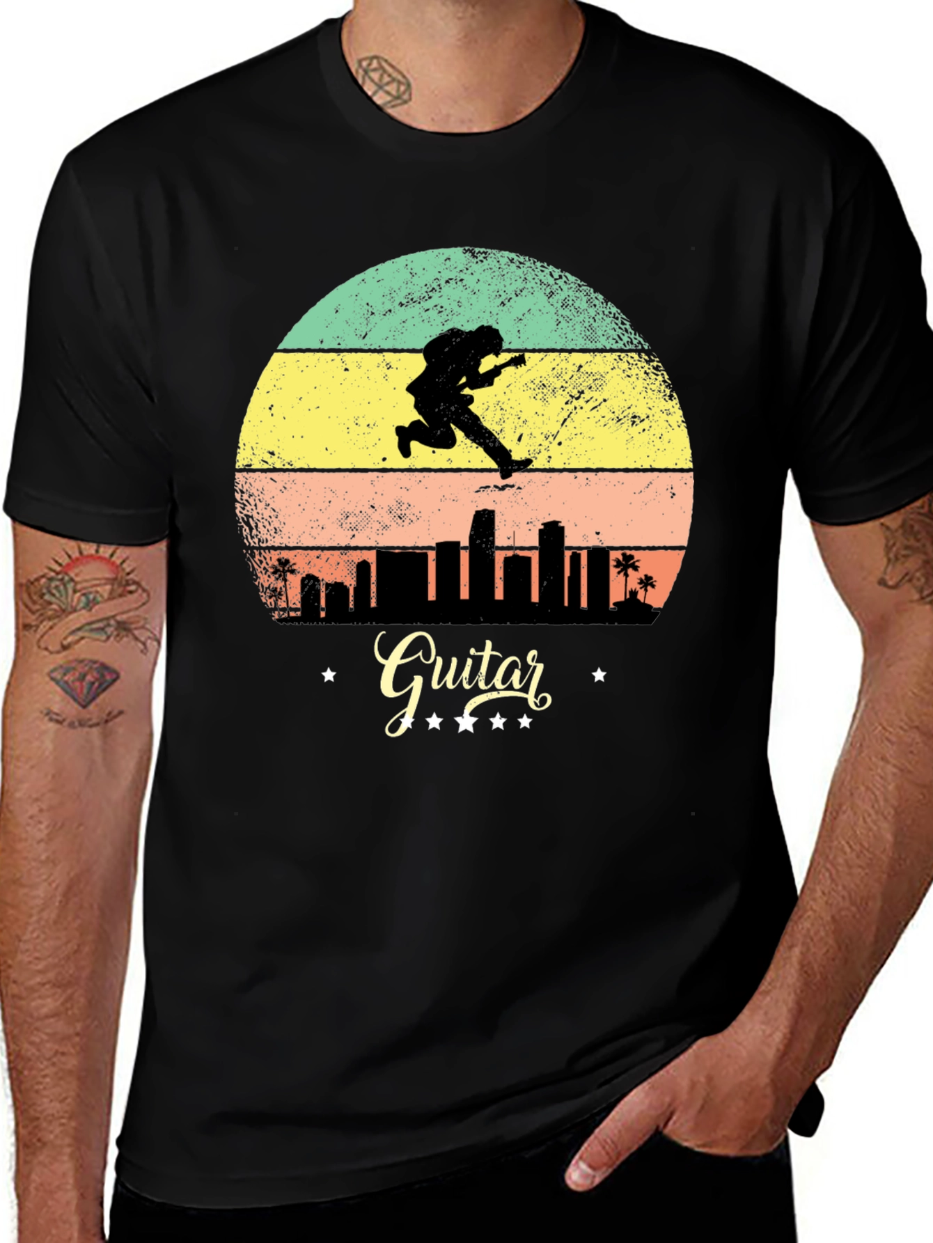 Retro Guitarist Cityscape Graphic Tee