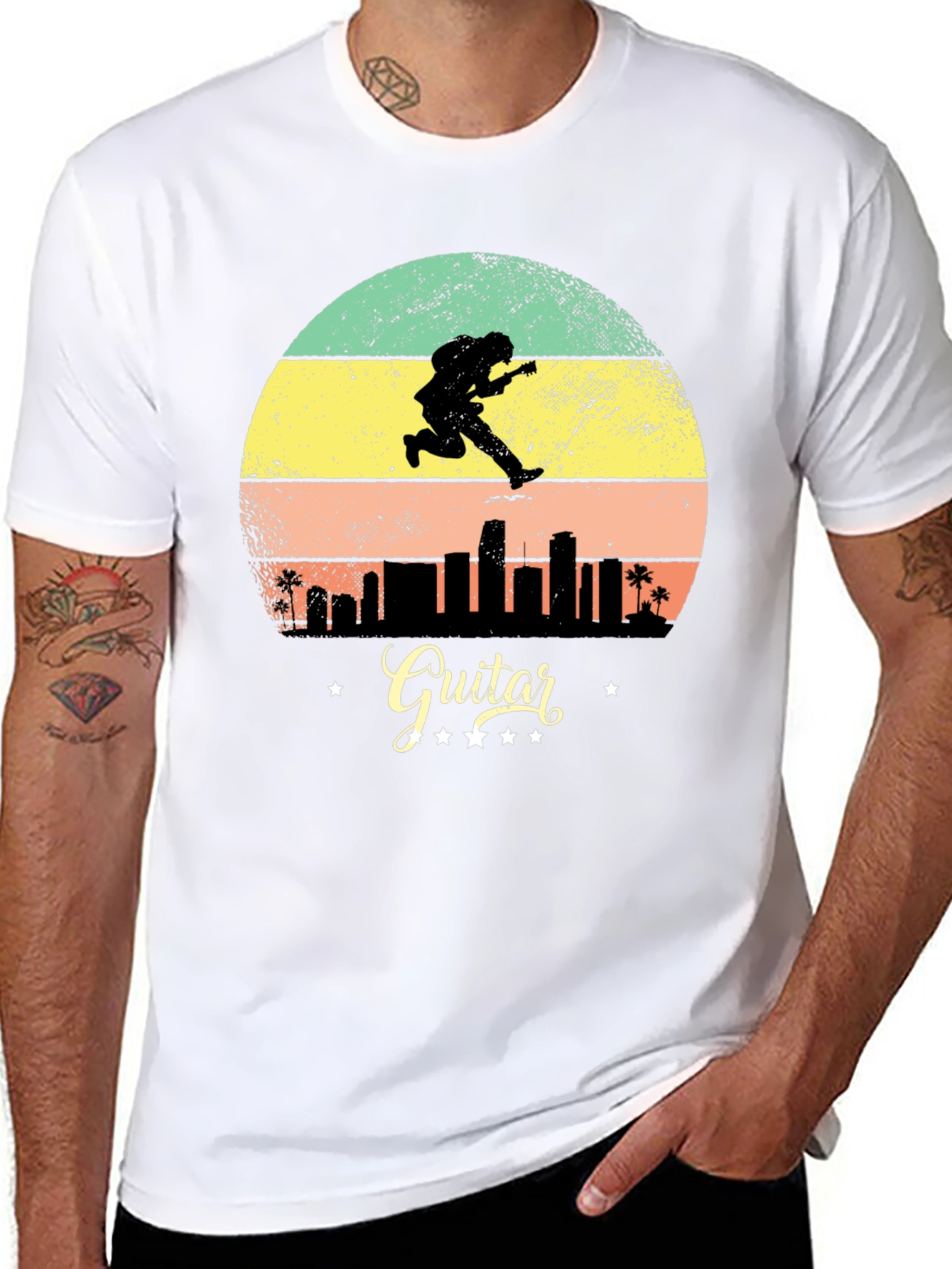 Retro Guitarist Cityscape Graphic Tee