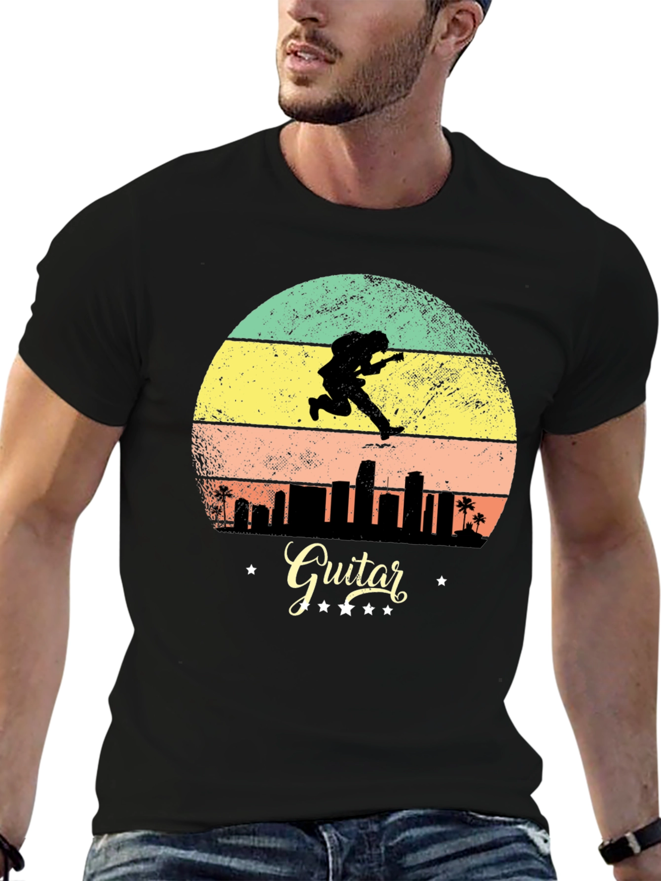 Retro Guitarist Cityscape Graphic Tee