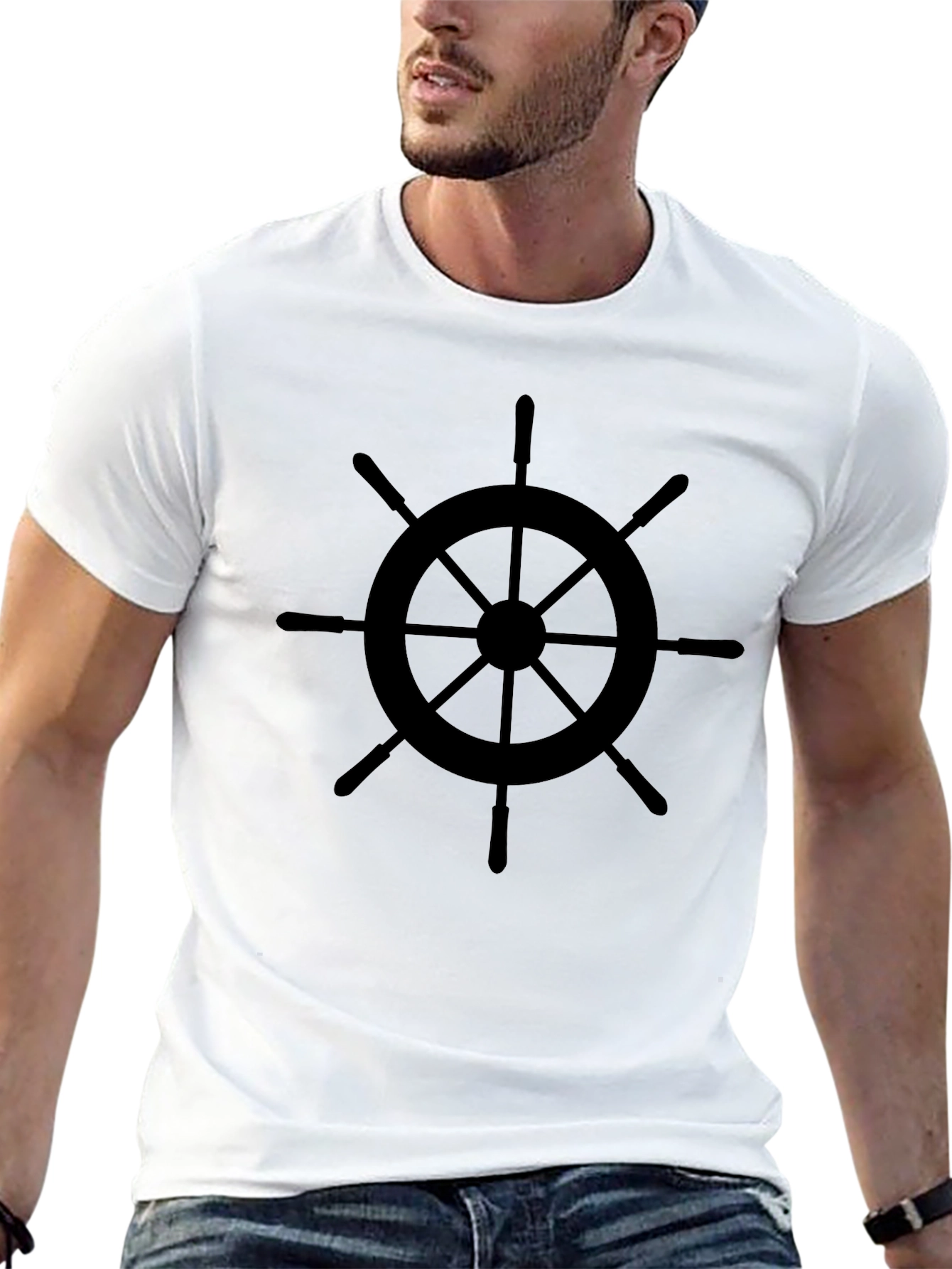 Nautical Wheel Graphic Tee - Black Cotton T-Shirt