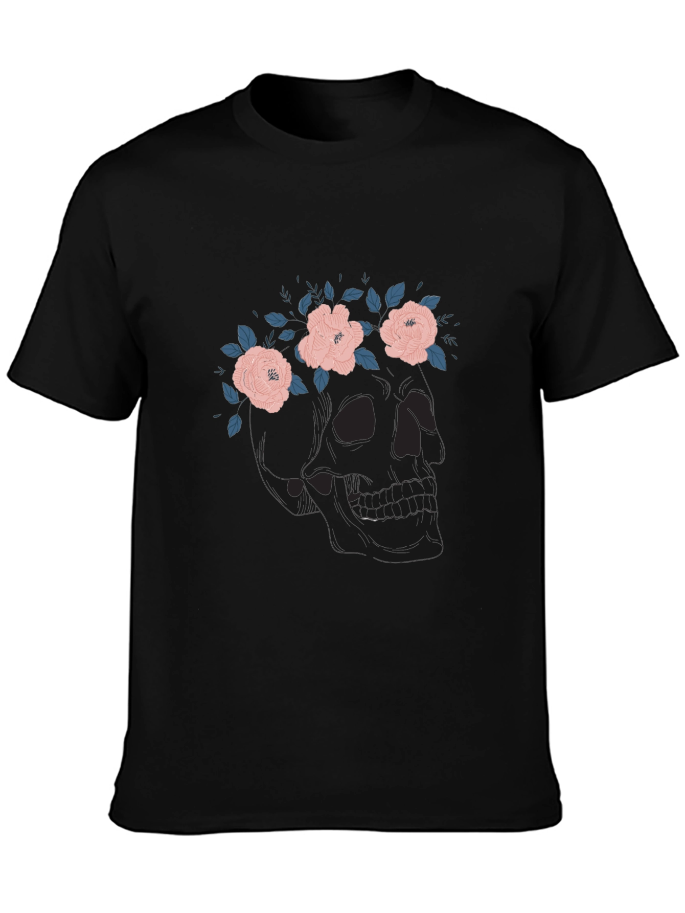Floral Skull Graphic Tee - Black Cotton T-Shirt